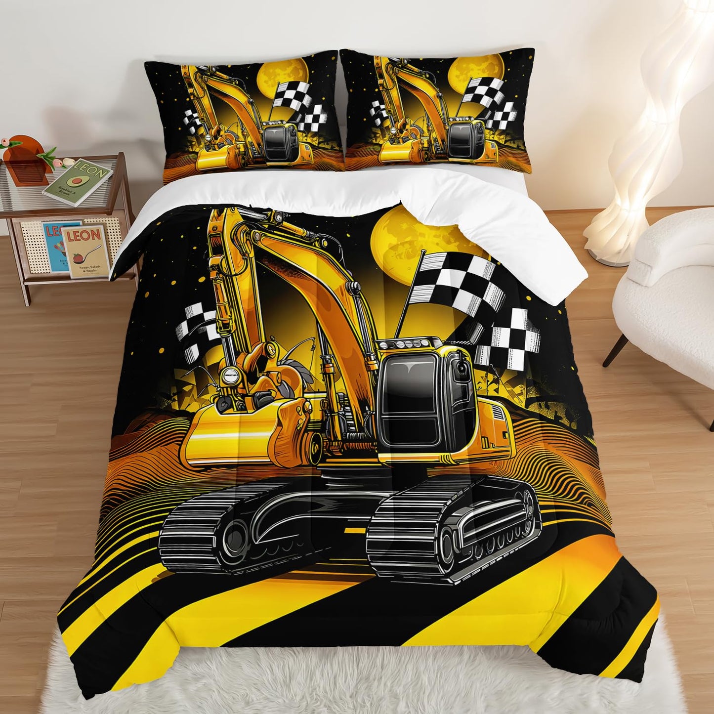 UEVBF Yellow Excavator Construction Vehicles Comforter Set Queen Size,Equipment Trucks Bedding Set for Kids Boys Girls Room Decor,Cartoon Car Pattern Beddings with 2 Pillowcases.