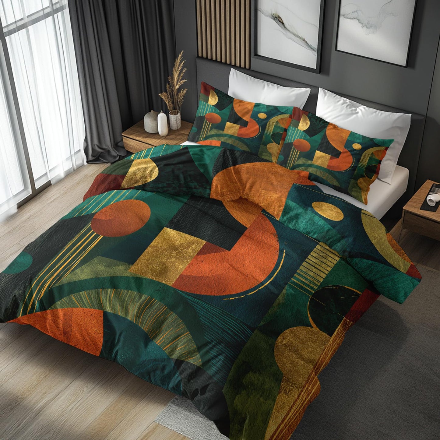 Abstract Geometric Queen Duvet Cover Set 3 Piece, Retro Modern Art Reversible Bedding with 2 Pillow Shams, Zipper & Ties, Ultra Soft Microfiber, Geometric Bedroom Decorations 50A-T