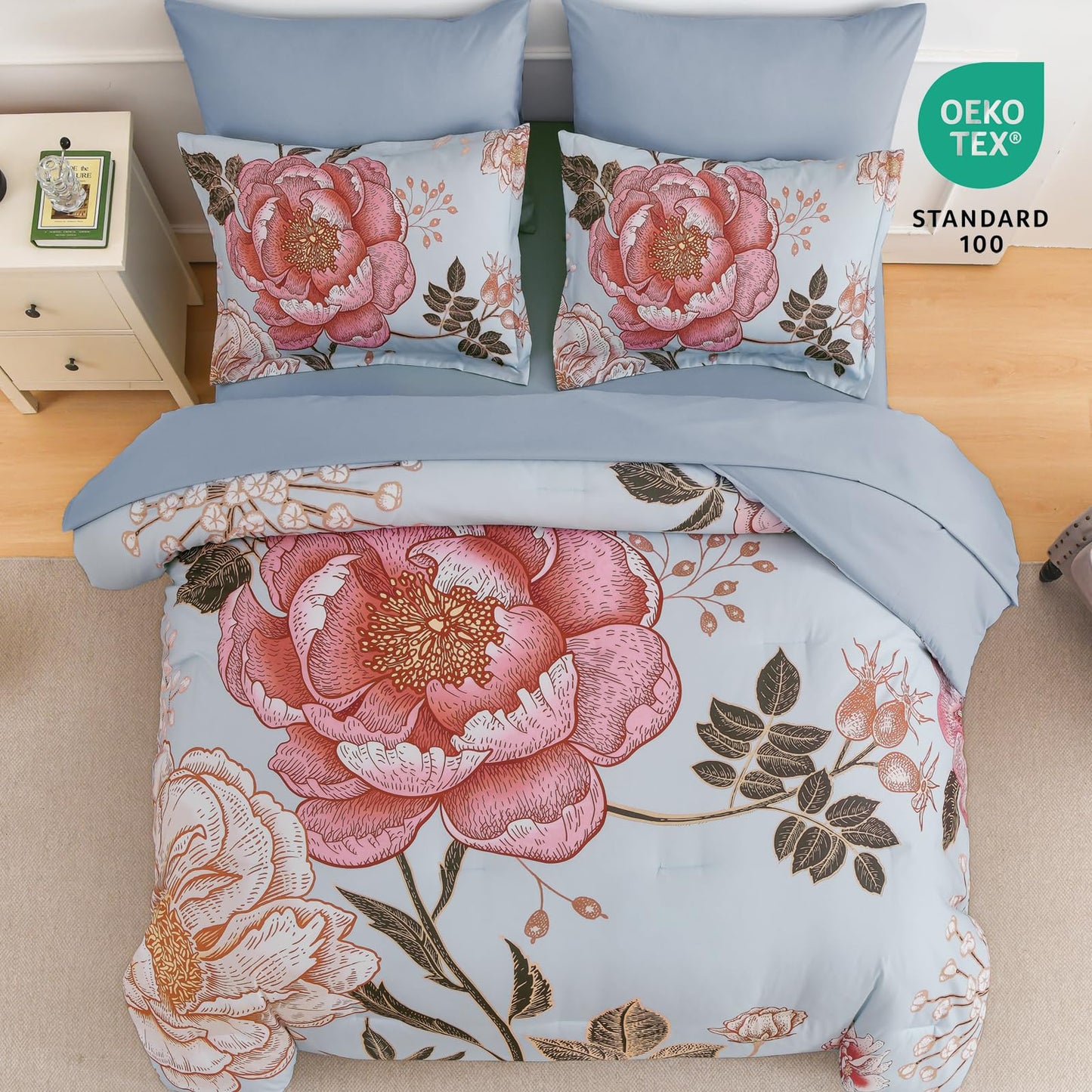 Luxudecor Blue Pink Floral Queen Comforter Set 7 Pieces Bed in a Bag,Pink Flower Print on Blue Bedding Set,Soft Reversible Comforter with Sheets 90"x90"