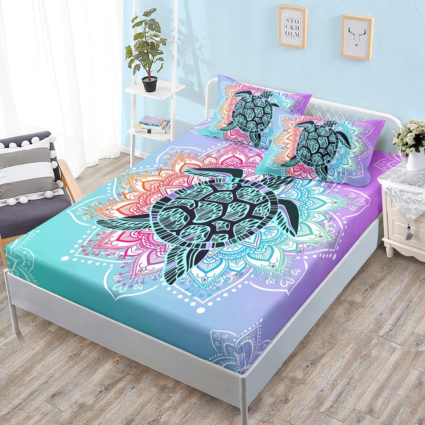 HOSIMA Sea Turtle Bedding,Coastal Beach Themed Fitted Sheet Set Queen Size for Kids Teen Girls Boys Room Decor,Mandala Turtle Fitted Sheet Set Twin Size,1 Fitted Sheet+2 Pillowcases.