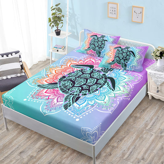 HOSIMA Sea Turtle Bedding,Coastal Beach Themed Fitted Sheet Set Queen Size for Kids Teen Girls Boys Room Decor,Mandala Turtle Fitted Sheet Set Twin Size,1 Fitted Sheet+2 Pillowcases.