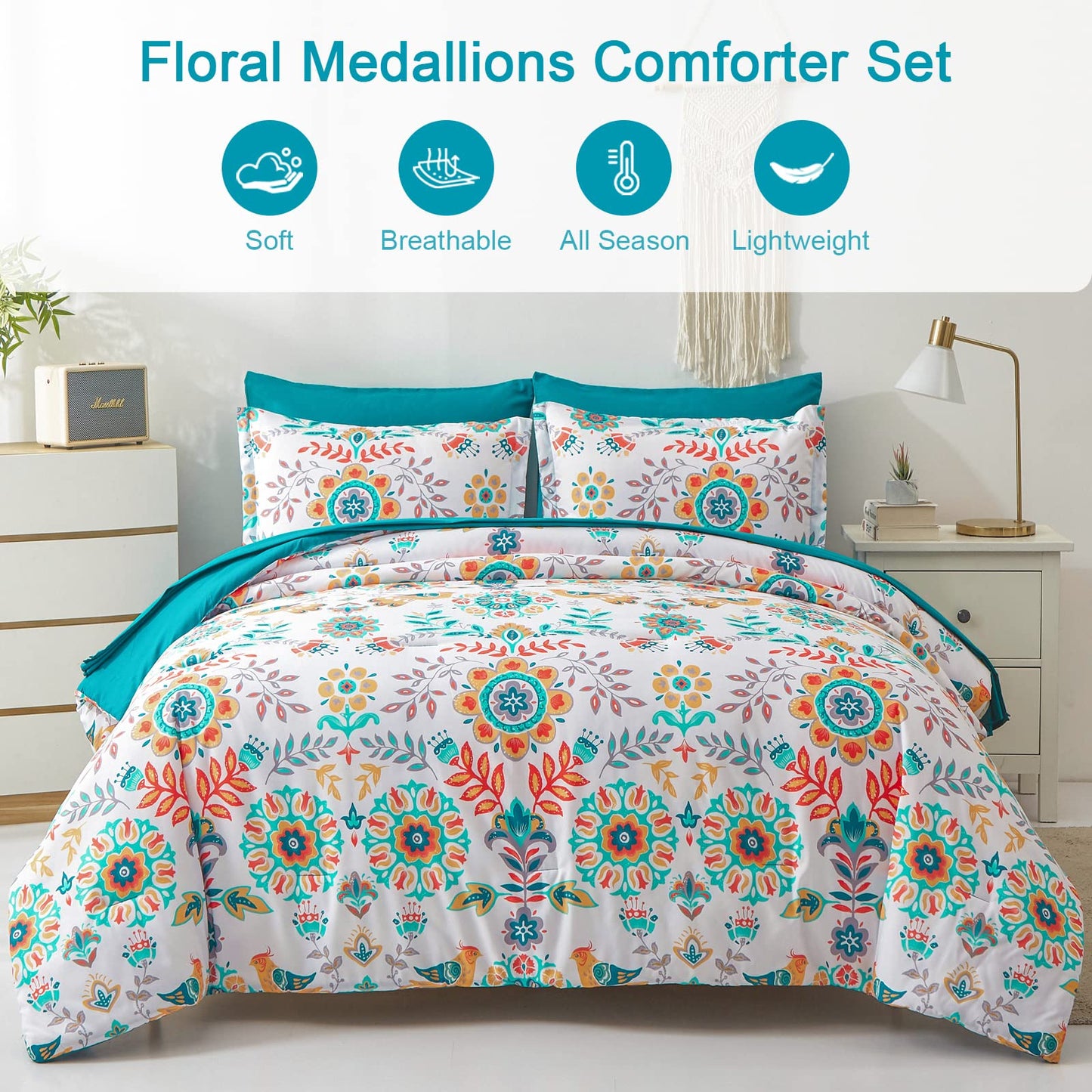 DHSFKBE Boho Comforter Set Queen - 7 Pieces Bed in a Bag Floral Medallions Design, Bohemian Comforter Set with Sheets, Soft Microfiber Complete Bedding Sets All Season (Teal Blue, Queen)