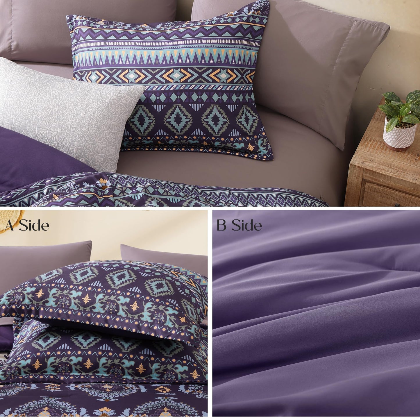 Geniospin Queen Comforter Set - 7 Pieces Bedding Set, Boho Bed in A Bag, Lightweight Soft Aztec Bedding, All Season Bed Comforter Set with Sheets, Pillowcases & Shams