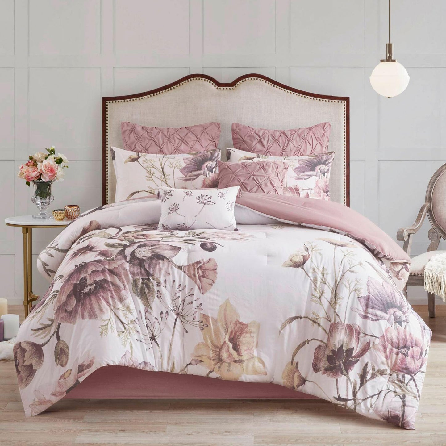 Madison Park Floral Queen Comforter Set, Cotton Rich Bedding Set Feminine Design Shabby Chic Queen Size Comforter Sets, All Season Bed Cover with Shams, Bed Skirt, Décor Pillow, Blush 8 Piece