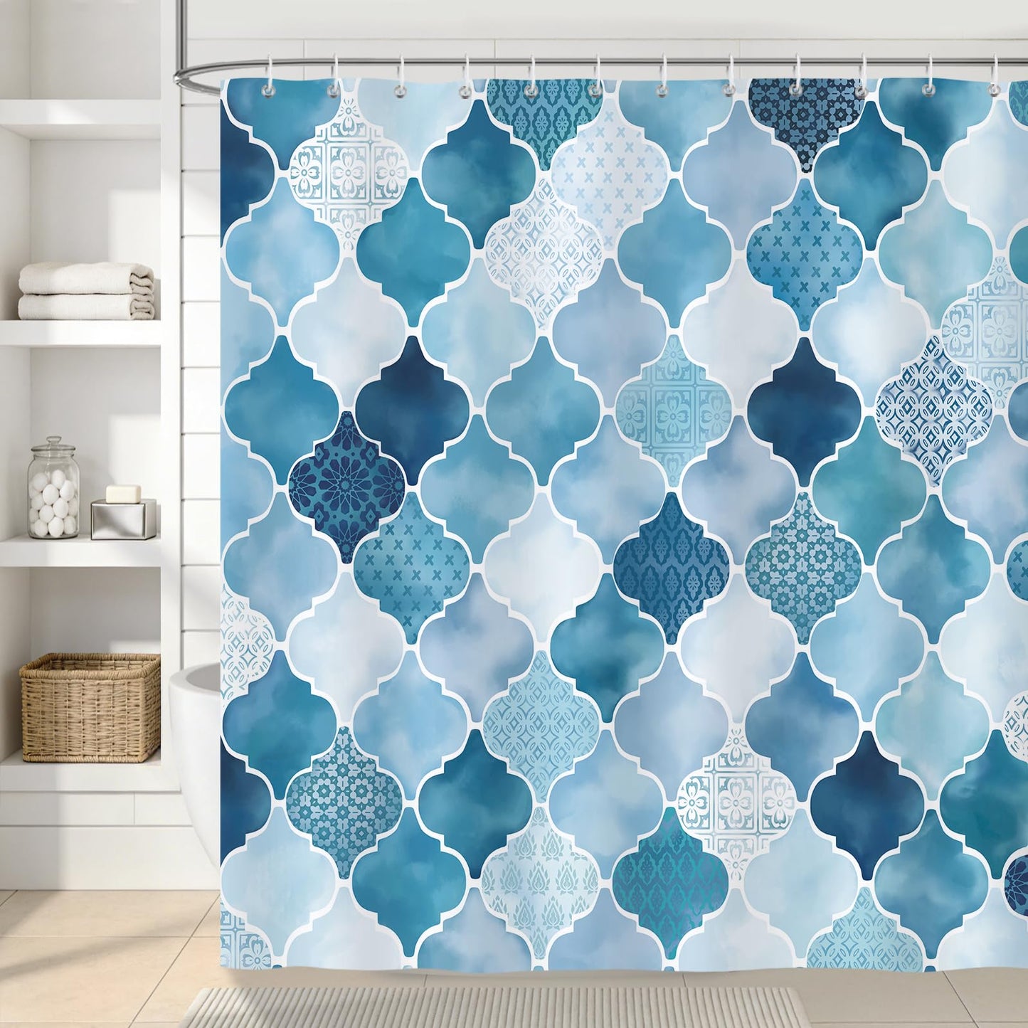 COZZSNUGE Teal Blue Shower Curtain, Modern Geometric Abstract Glass Porcelain Pattern Shower Curtain for Bathroom Waterproof Polyester Fabric with 12 Hooks, 72 x 72 Inches