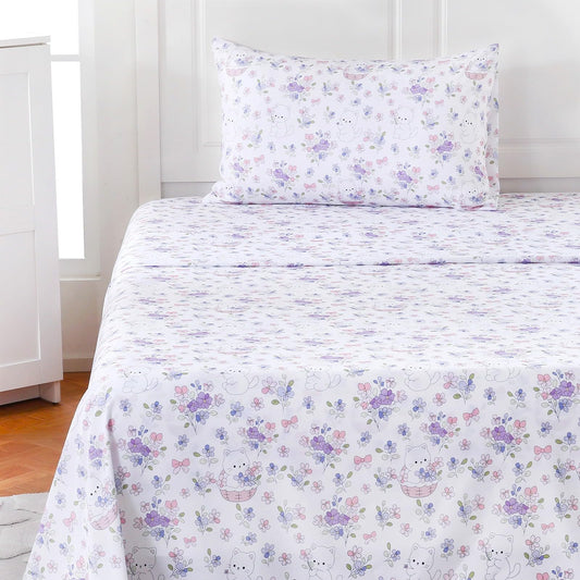 MICORAL Kids Twin Sheet Set Purple Flowers Cats, 3 Pieces Sheets for Boys & Girls, Soft Printed Microfiber Bed Sheets, Deep Pocket Cozy Toddler Bedding Set, Purple Flowers Cats