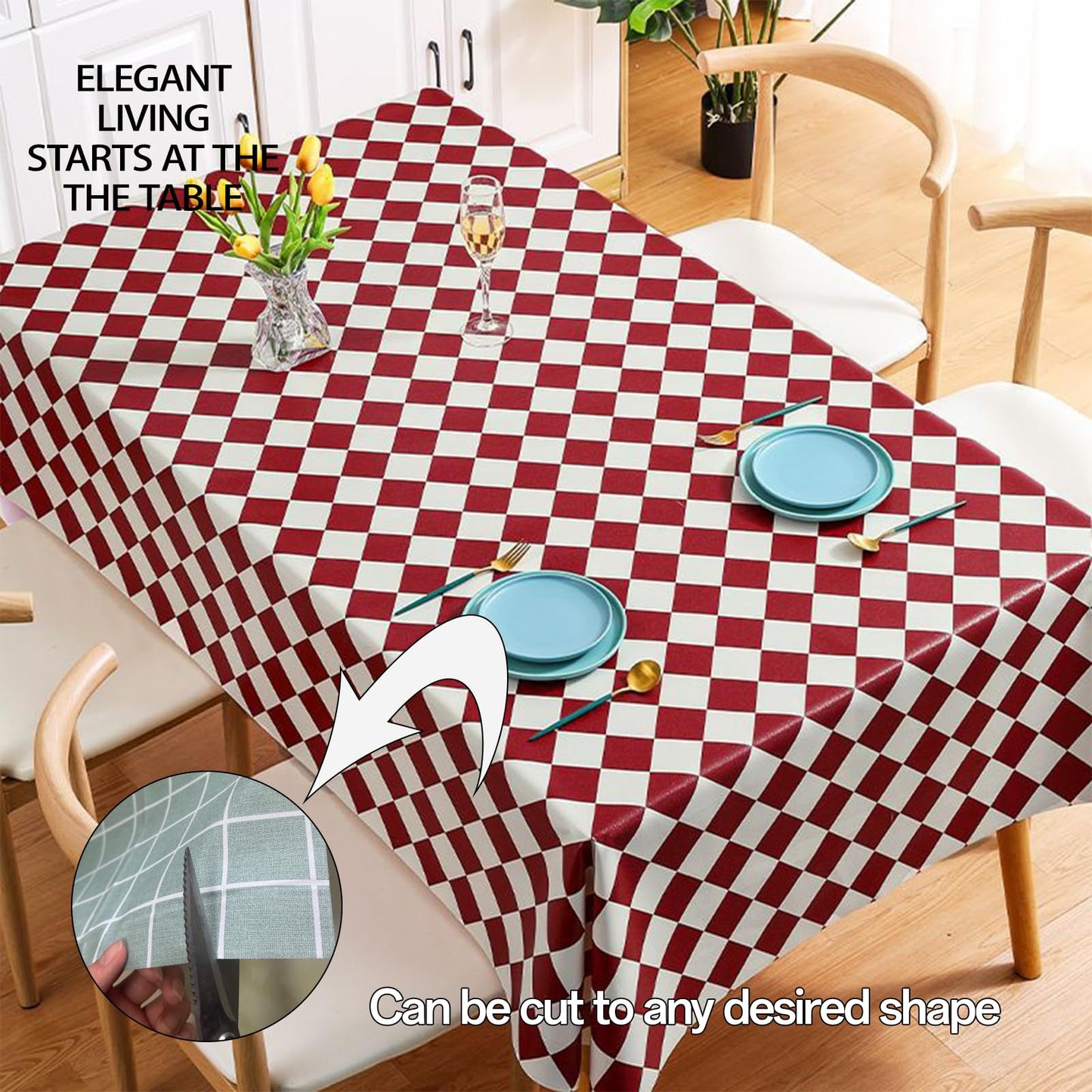 Qvthpv Rectangle Tablecloth 55"x70" Waterproof Oilproof Heat Resistant Kitchen Table Cover, Stainproof Wipe Clean Vinyl Mat for Dining Room, Everyday Use & Holiday Parties (Deep red Pattern)