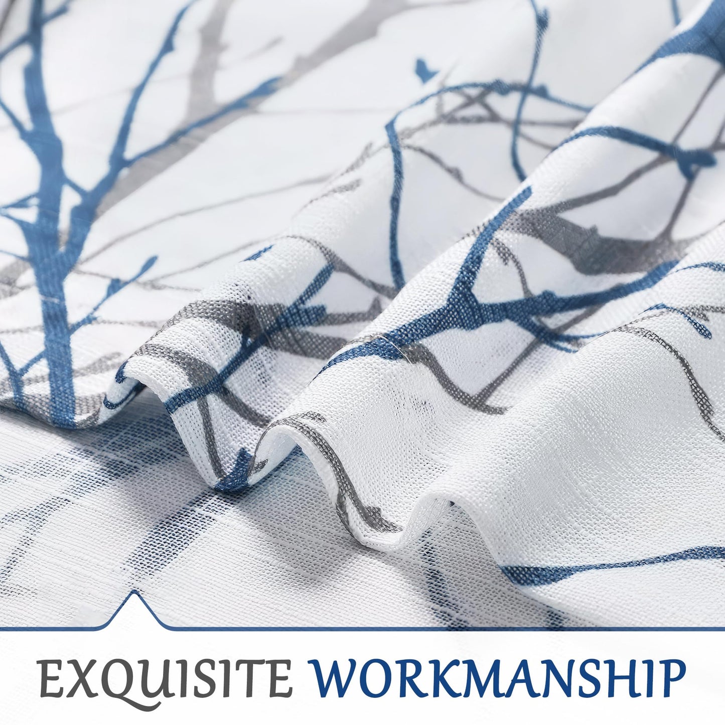 FMFUNCTEX Linen Semi Sheer Curtains for Bedroom, Blue White Curtains 84 Inches Long for Living Room, Grey Tree Branch Patterned Curtain Light Filtering Farmhouse Window Drapes, Grommet Top 2 Panels