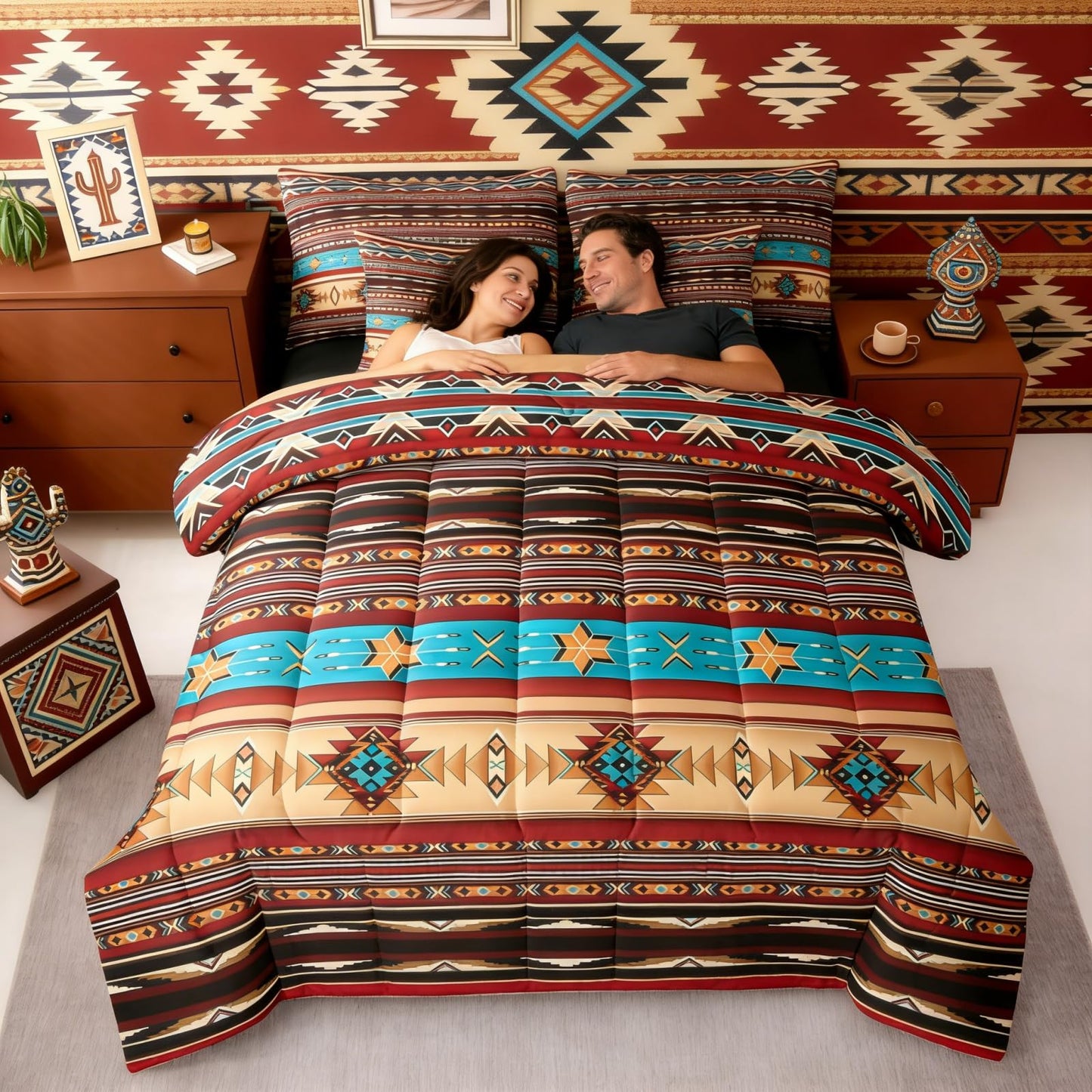 Bohemian Aztec Queen Comforter Set with Sheets Western 7 Piece Bedding Set Retro Southwestern Bed in a Bag, Arrow Western Star Geometric Sriped Bed Sets African Nordic Style Boho Decor,Warm Taupe
