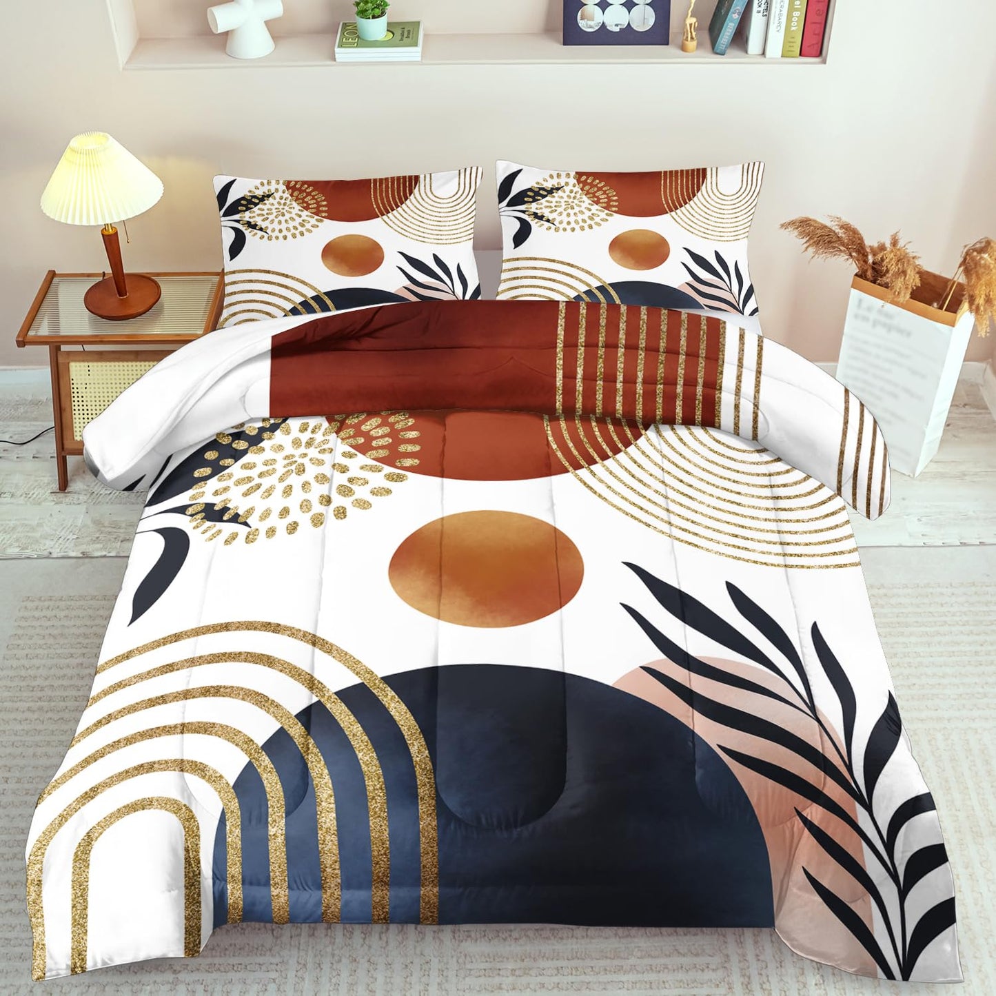 llyxsesty Geometric Yellow Comforter Set King,Mid Century Modern Bedding Set for Kids and Adults,Gold Boho Comforter Bedroom Decor,Shabby Chic Bedding Boho Room Decor