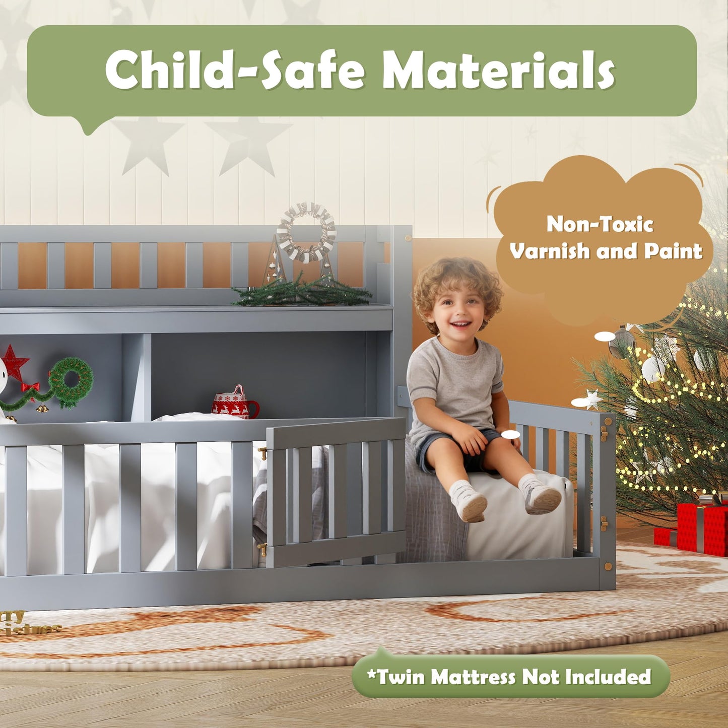 mikibama Full Size Montessori Floor Bed with Bookcase for Kids, Grey