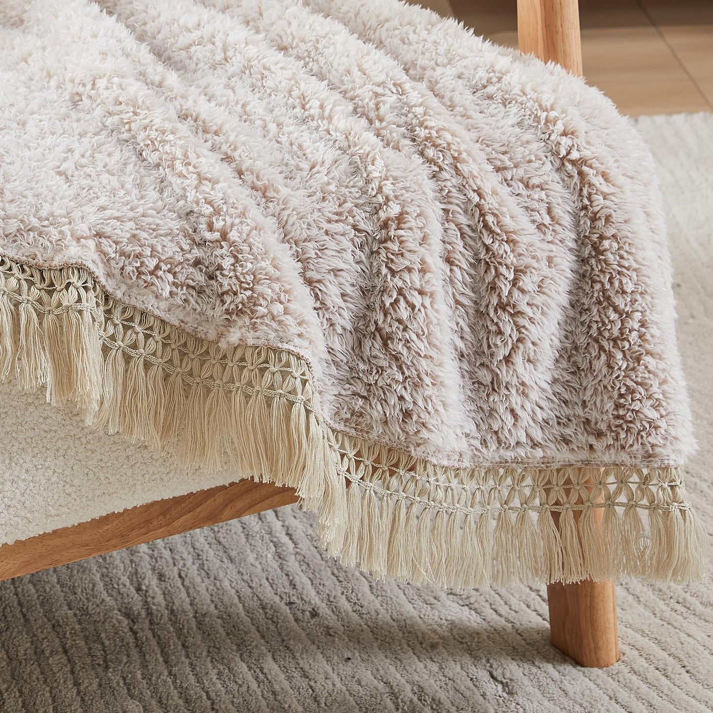EMME Soft Sherpa Fleece Blanket with Tassel, Reversible Plush Fluffy Large Blanket, Light Weight Warm Decorative Boho Blanket Cover for Sofa, Couch, Bedroom,Travel(Tassel Khaki,108"x90")