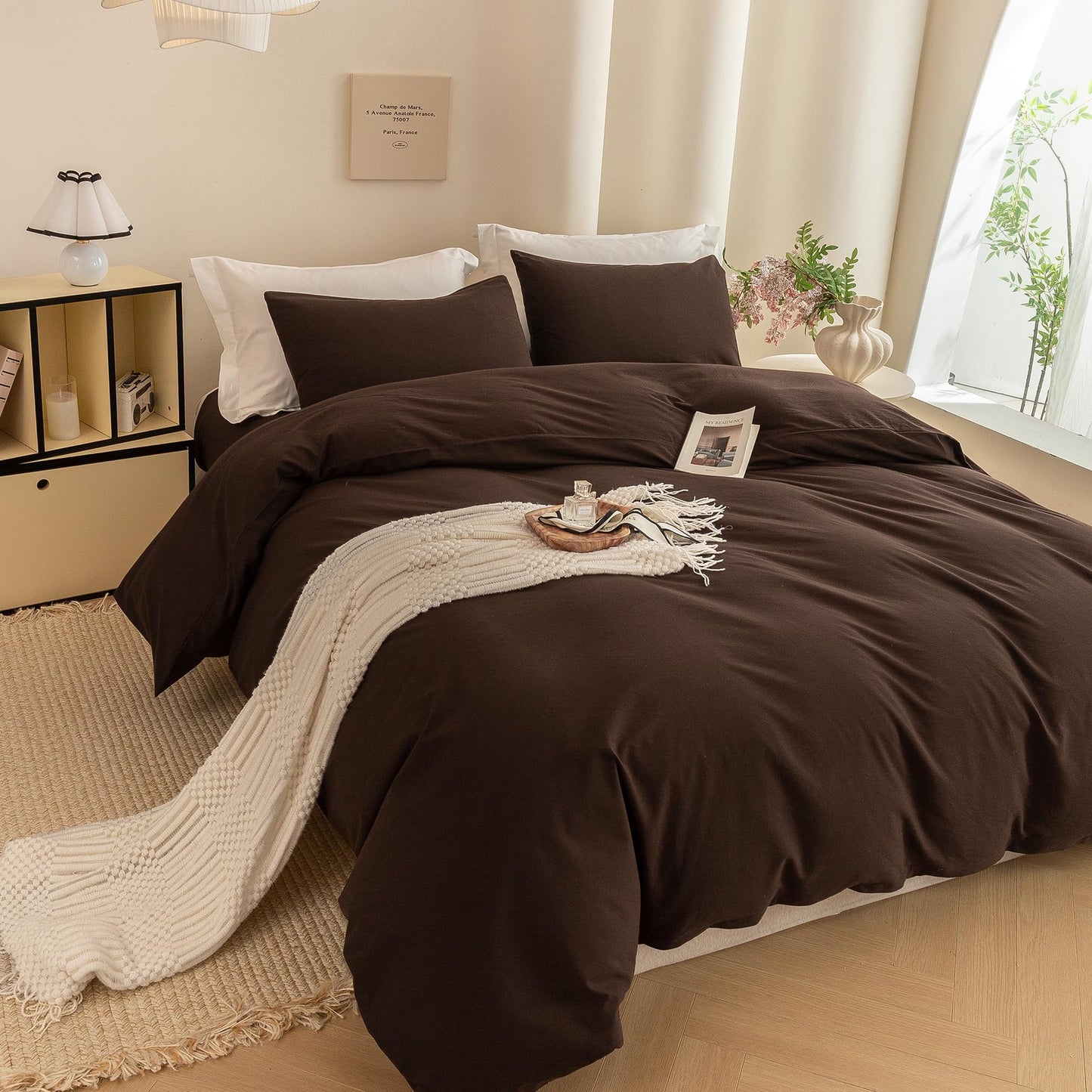 ECOCOTT Duvet Cover Queen Size -100% Washed Cotton Linen Like Textured Breathable Durable Soft Comfy Bedding Set with Zipper Closure & Corner Ties (Cocoa Brown, 90"x90")