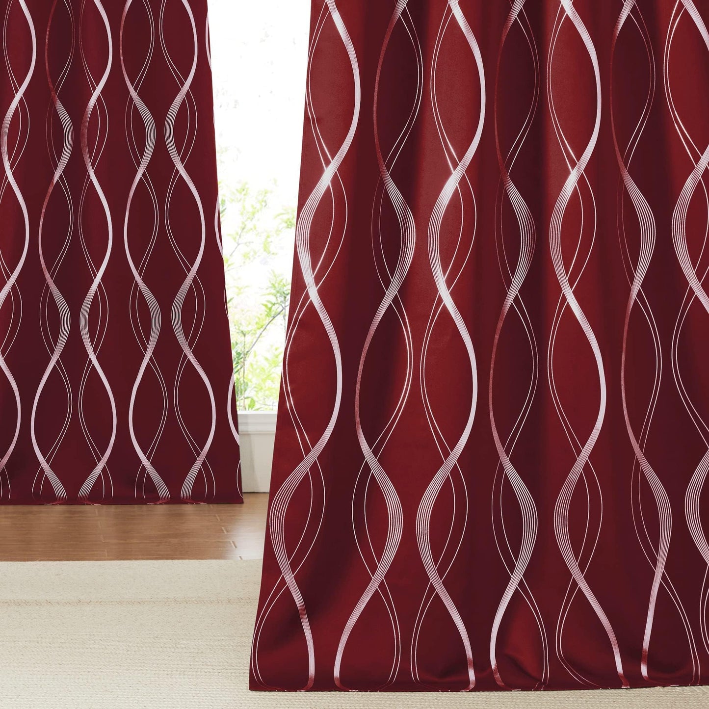 NICETOWN Blackout Curtains 84 inch Length 2 Panels Set, Noise Reducing Thermal Insulated Wave Line Foil Print Design Blackout Curtains for Patio Sliding Glass Door (Burgundy Red, 52-inch Width)