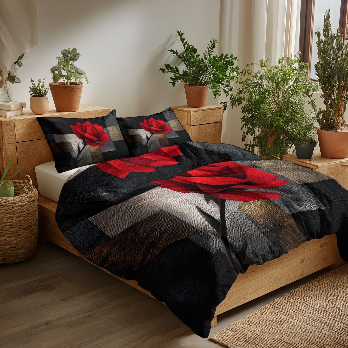 Super Soft Geometric Abstraction Duvet Cover Set Twin Size, Mosaic Leather Red Roses Bedding for Kids Boys Girls Teens - Breathable and Anti-Allergic Soft Comforter Cover 2 Pillow Shams