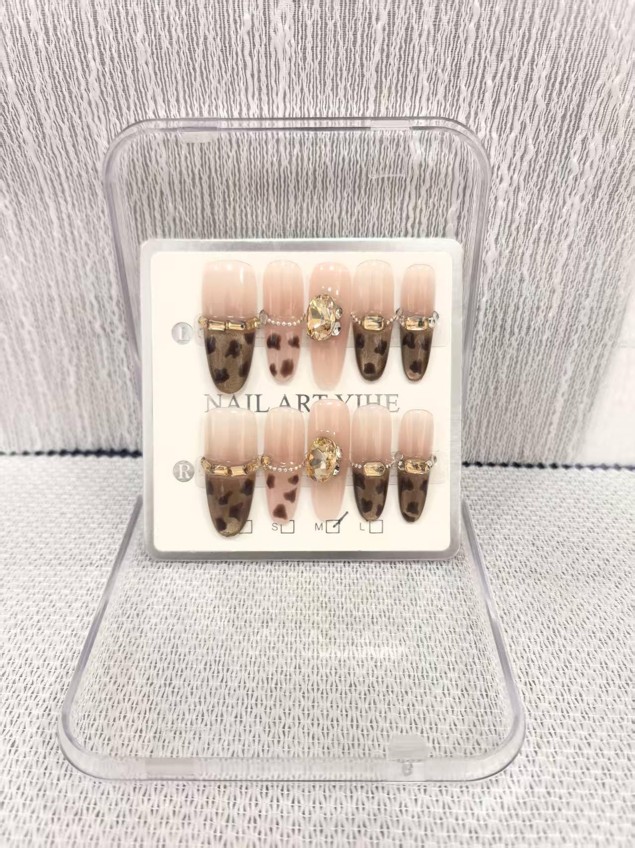 Handmade Press on Nails Long Stiletto Fake Nails French Tip Leopard print False Nails with 3D Rhinestones Designs Sparkly Gold luxury Artificial Nails Reusable for Women 10pcs (Size M）