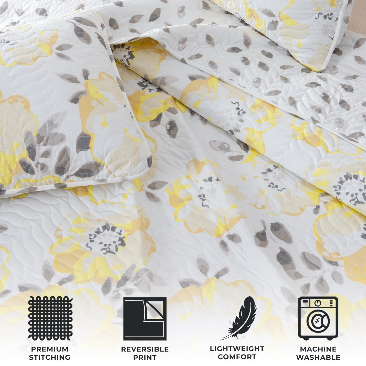 Great Bay Home Floral Twin/Twin XL Quilt Set with Shams, Yellow Floral Bedding Set, All-Season, Lightweight Bedspread. Reversible. Farmhouse Bedding. (Twin/Twin XL, Helene)