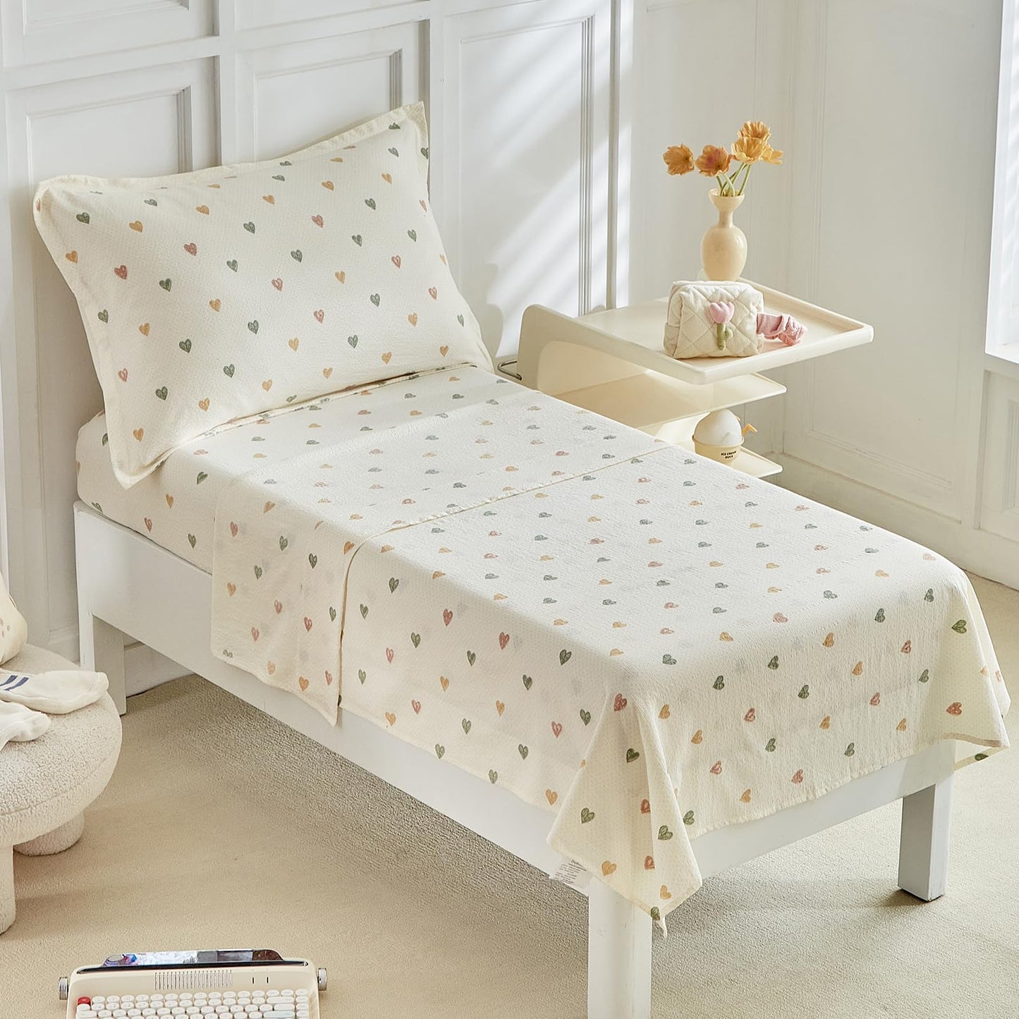 DuShow White Star Toddler Bedding Set,4 Pieces Reversible Toddler Comforter Set,Ultra Soft Crib Bed Set for Girls and Boys,Including Comforter,Sheets and Pillowcase