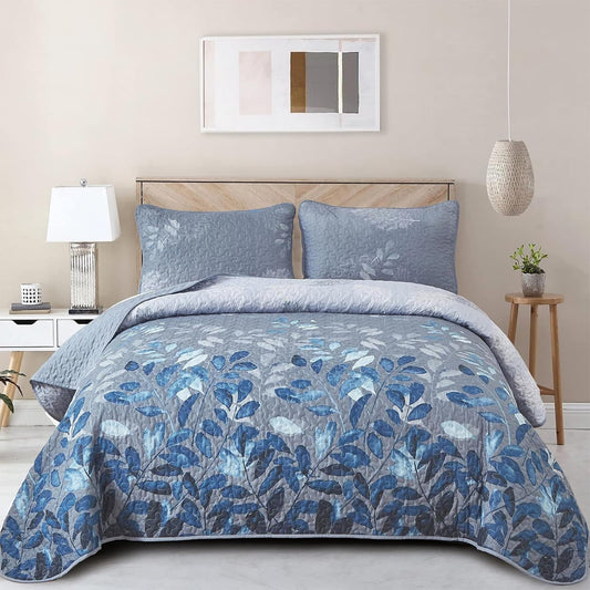 WONGS BEDDING Blue Quilt Set Queen Size,3 Pieces Navy Blue Floral Bedspread Coverlet Set,Soft Microfiber Lightweight Grayish Blue Gradient Floral Bedding Set Queen 96"x90"