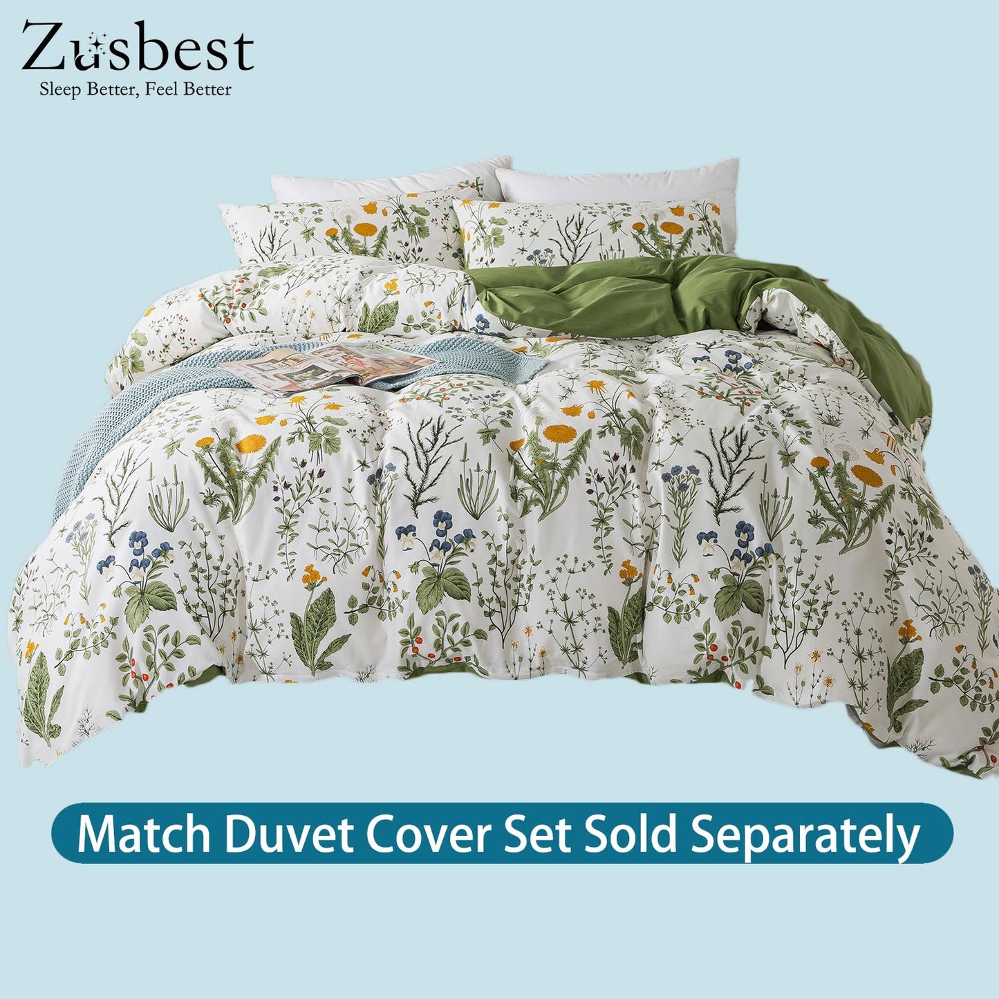 Zusbest Queen Sheet Set 100% Percale Cotton Green Floral Bed Sheet Set Yellow Flower & Green Leaves Botanical Pattern Printed on White Garden Luxury Crisp Soft Deep Pocket Fitted Sheet 17.5'' 4Pcs