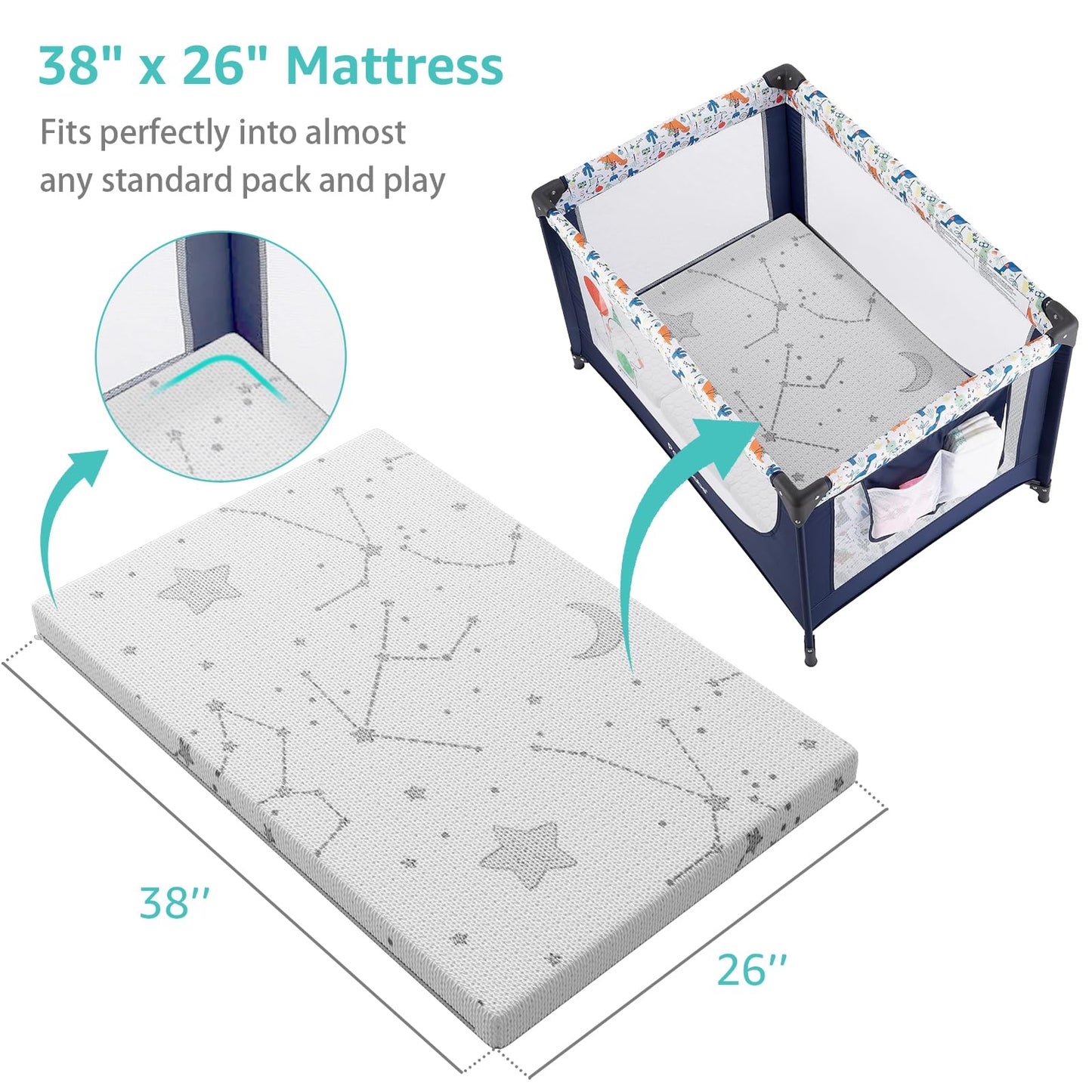 YENING Breathable Pack and Play Mattress Pad 38x26 Waterproof Baby Mattress for Pack N Play Matress Topper Waterproof 2 Pack