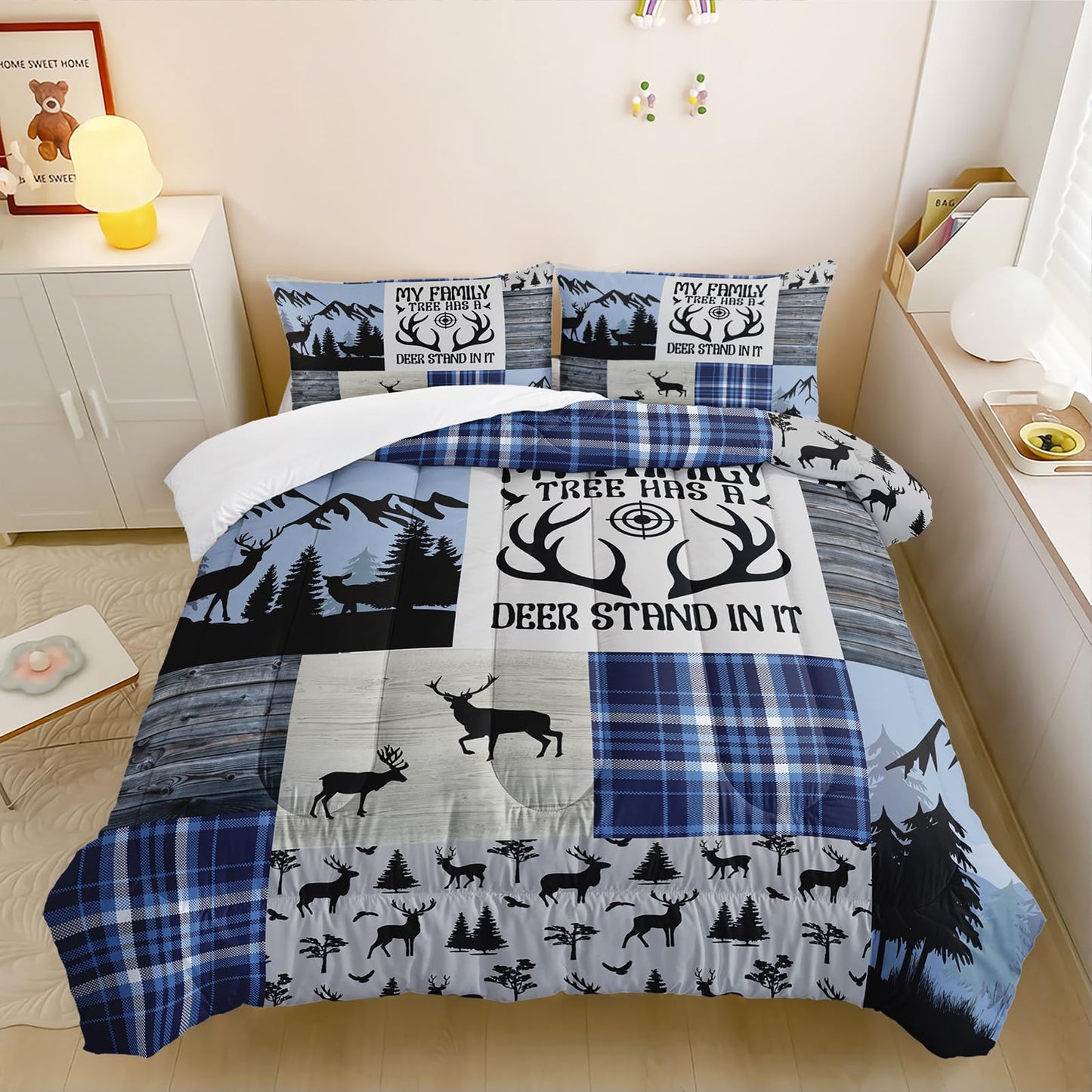 Nttopship Deer Moose Print Comforter Set Twin,Deer Hunting Theme Bedding Set for Boys Teens Girls,Hunting Theme Bedding Set Wildlife Hunting Theme Room Decor Comforter Set and 2 Pillowcases