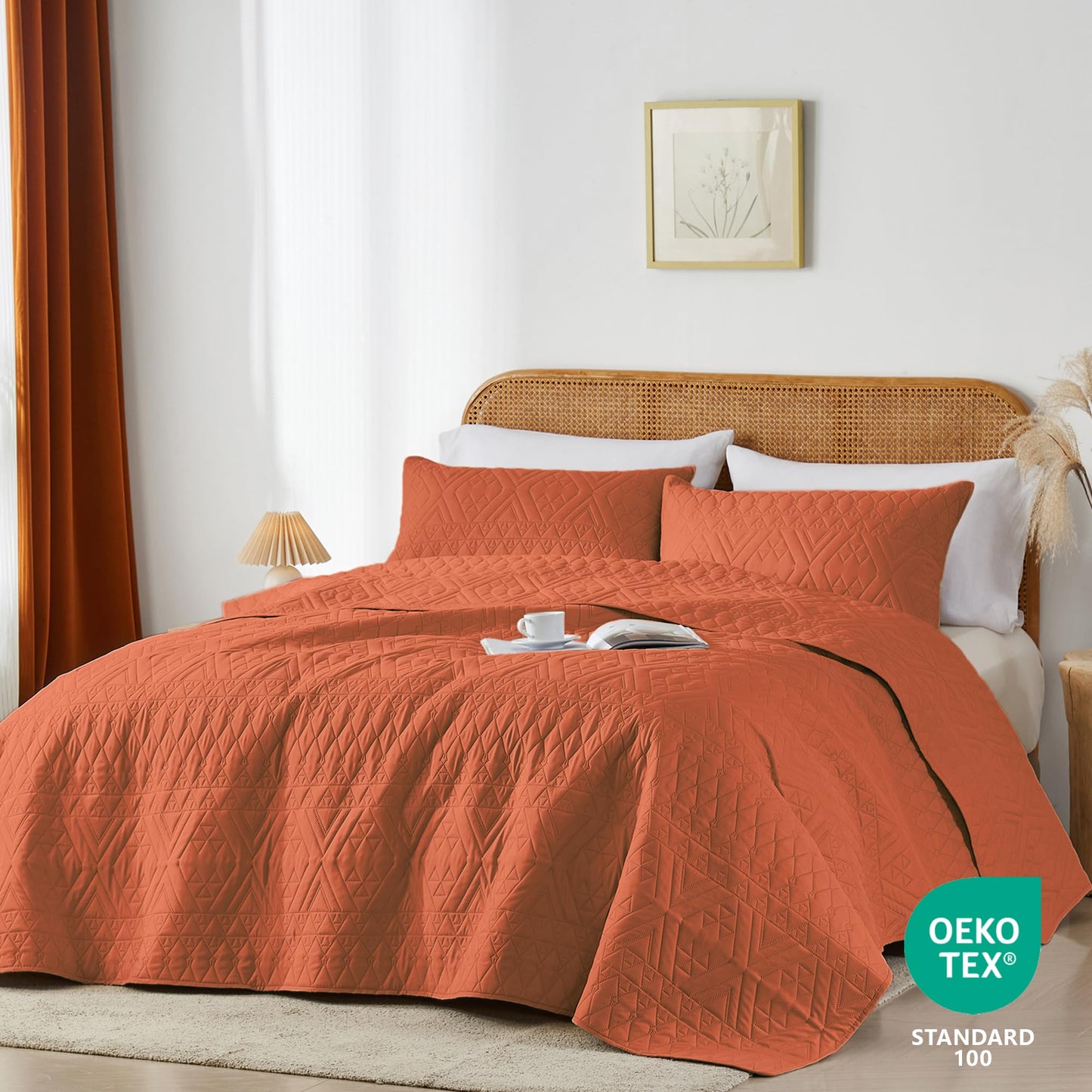 akkialla King/Cal King Size Quilt Bedding Set,Burnt Orange Lightweight Microfiber Soft Bedspread,Modern Style Geometric Pattern Coverlet Set for All Seasons,3 Piece(1 Quilt,2 Pillow Shams)