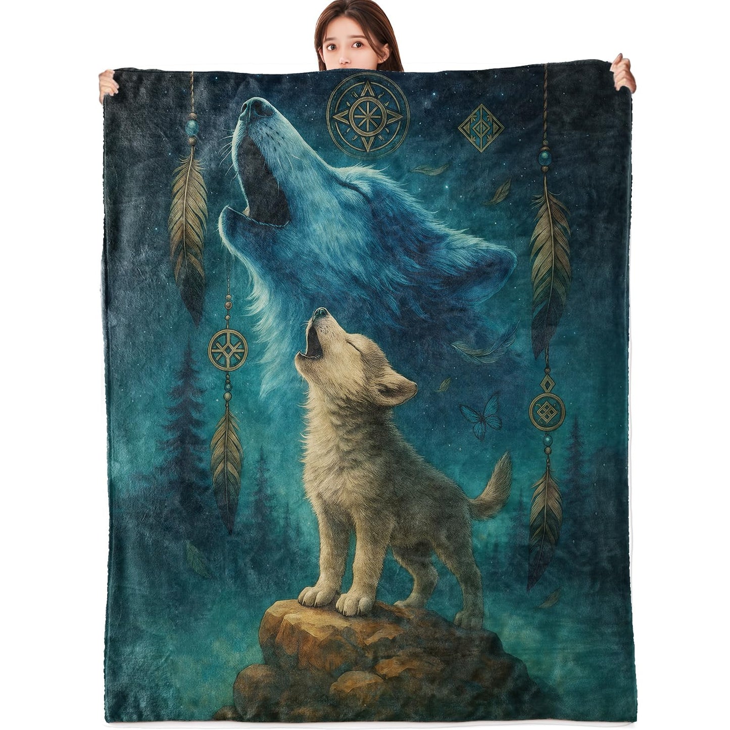 vnlvnl Howling Wolf Blanket Lightweight Flannel Blankets Gifts for Men Mystical Night Forest Scene with Feathers and Dreamcatcher Artprinted Throw for Couch Chair Office Bedroom Decor, 60x50inch