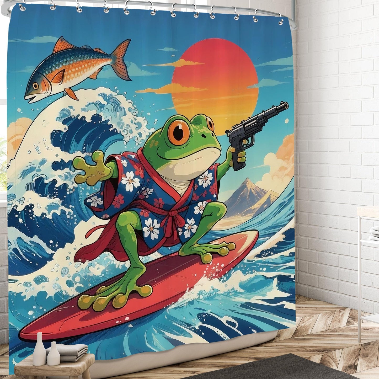 Pakena Funny Japanese Frog Surf Ocean Shower Curtain Ocean Kraken Fish Nautical Shower Curtains Set Cool Animal Blue Sea Waves Summer Beach Coastal Bath Curtain Kids Fun Bathroom Decor 60x72 Inch