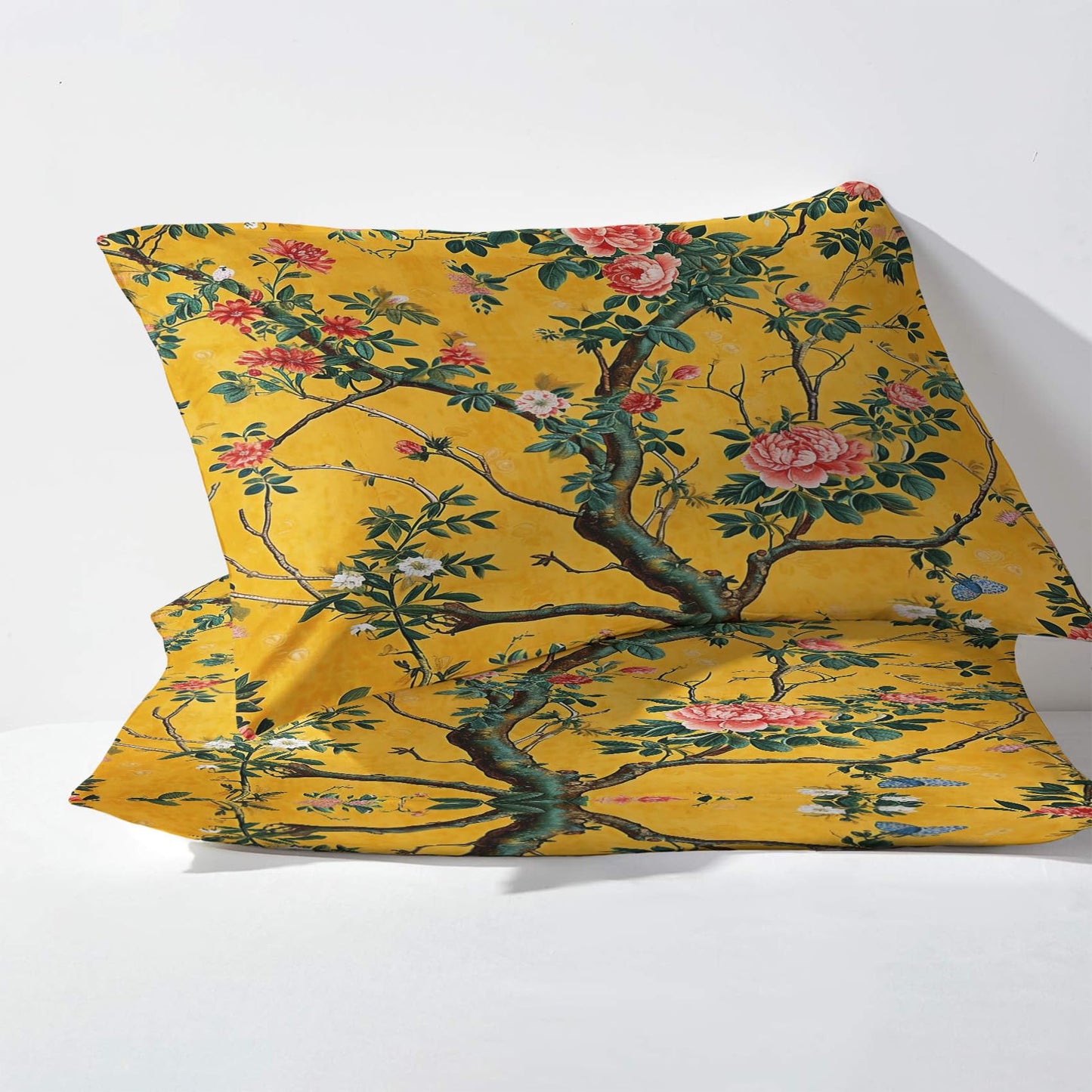 Chinoiserie Flower Sheets Queen Size, Floral Tree Bed Sheets, Yellow Patterned Bedding Sheets & Pillowcases 4 Piece Set - Soft Microfiber Deep Pocket Fitted Sheet & Flat Sheet & 2 Pillow Cases L&n-19