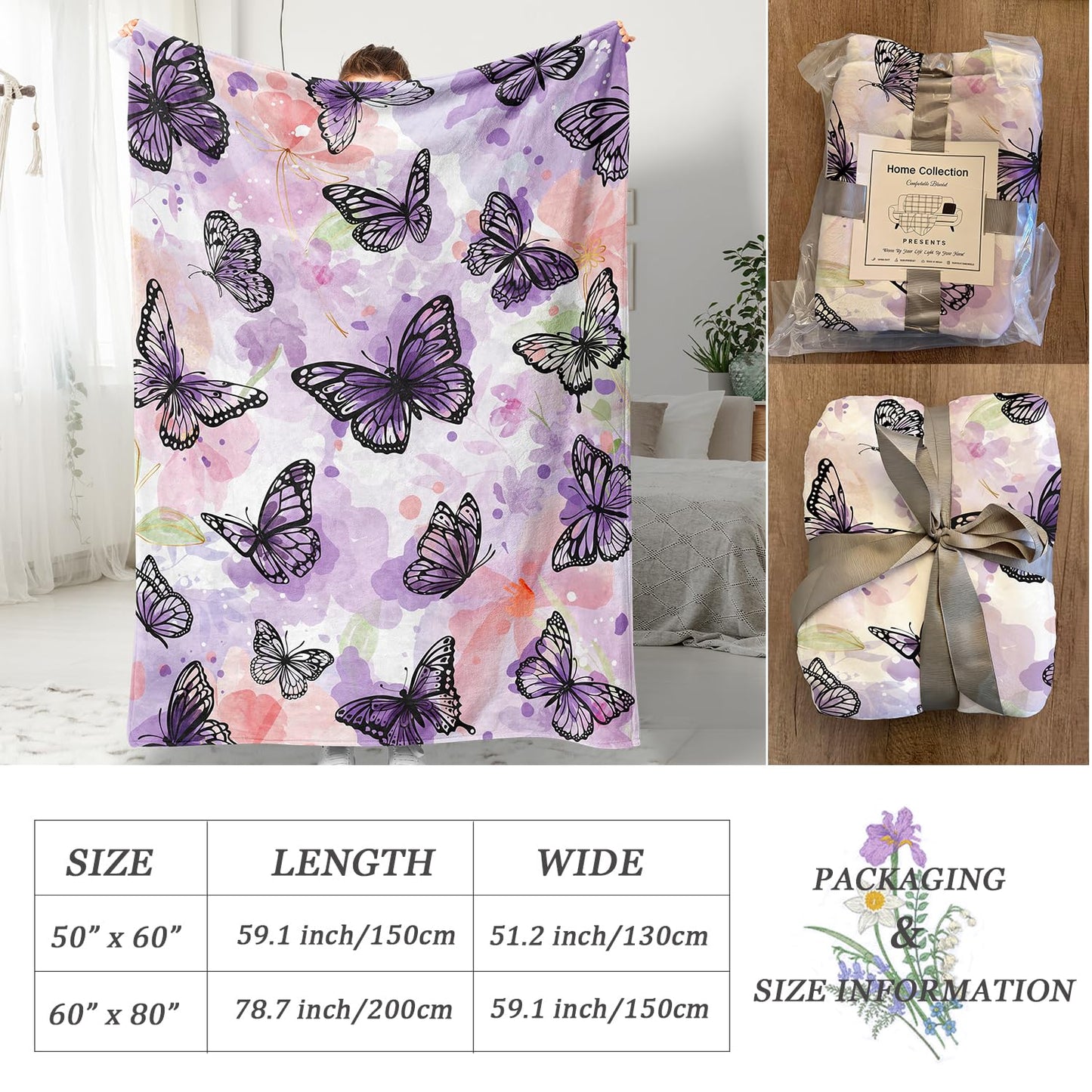 Butterfly Throw Blanket for Women Purple Butterflies Print Blanket Girl Gifts Blanket Soft Fuzzy Flannel Fleece Throw Blanket for Bed Couch 50” x 60”