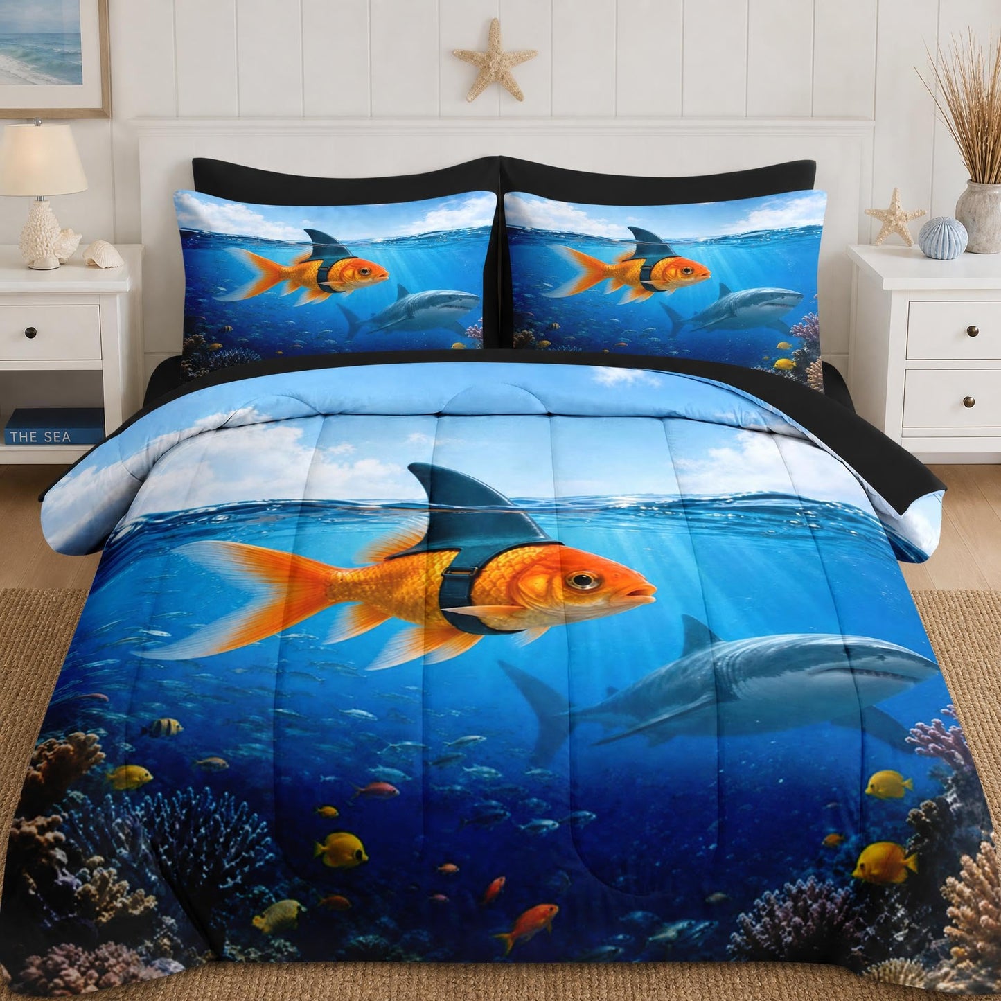 Boewywh Comforter Set Twin Size Funny Shark Ocean 7 Pcs, Bedding for Kids and Adults, Fish Blue Bed Sheet Sets with Fitted Sheet 2 Pillowcases & 2 Shams for Bedroom Bed Decor