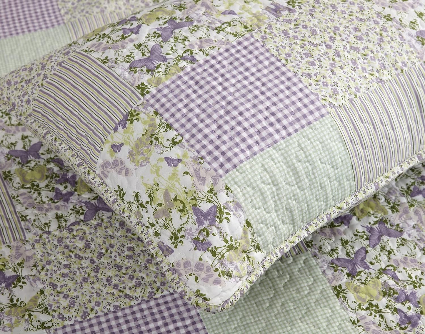 Chezmoi Collection Daisy 3-Piece Printed Patchwork Quilt Set - Purple Butterfly Botanical Candy Stripe Checkered Coverlet - Pre-Washed Microfiber Lightweight Reversible Bedspread, Full Size