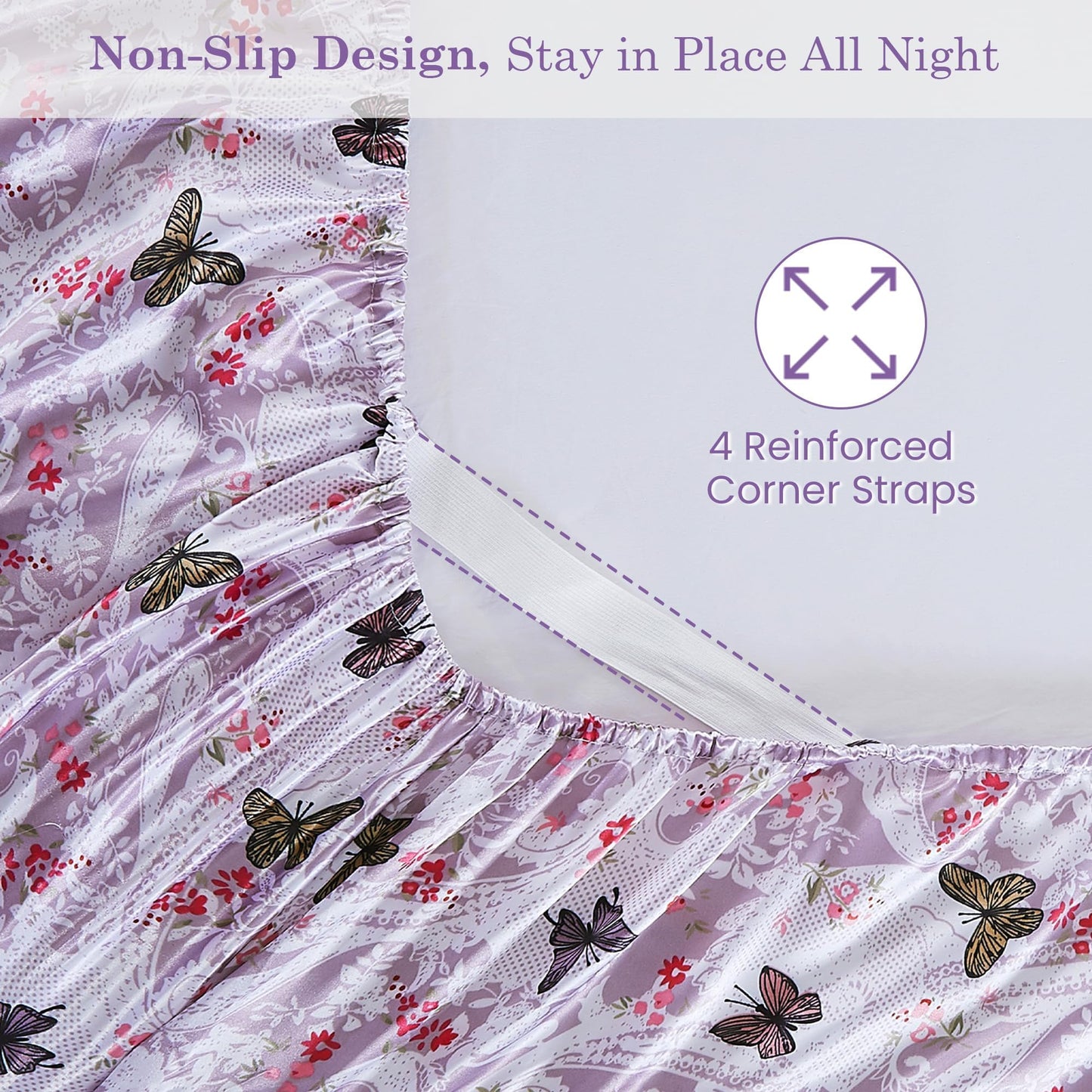 lasoftan Paisley Floral Satin Sheets Twin, Silky Butterfly Printed Fitted Bed Sheet with 15" Deep Pocket & Non-Slip Straps, Luxury Hotel Satin Summer Cooling Sheets & Pillowcase Set, Purple