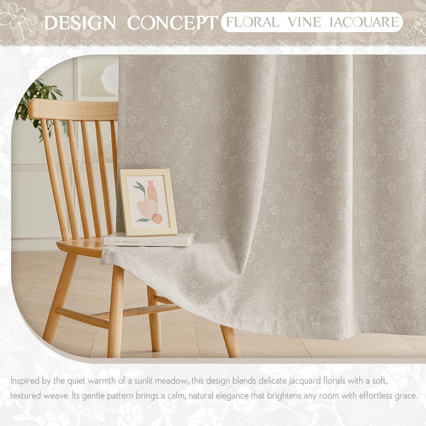Beauoop Beige Floral Jacquard Blackout Curtains 84 Inches Long 2 Panels for Living Room Bedroom Chenille Flower Room Darkening Thermal Insulated Soundproof Grommet Window Drapes, 52x84 Set of 2