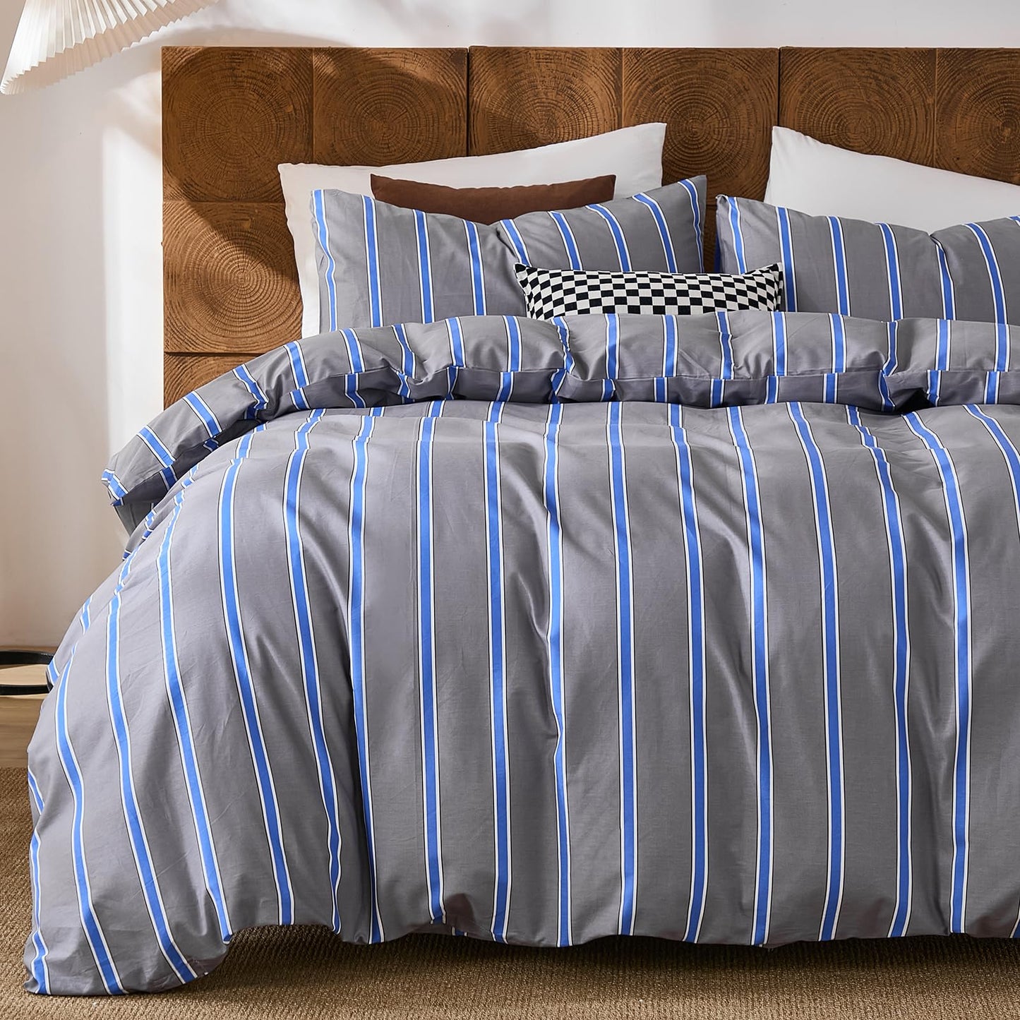 Merryword 100% Cotton Comforter Set King Size - Blue and Gray Striped Comforter with 2 Pillowcases, Luxury & Silky Soft Comforter Set for All Seasons