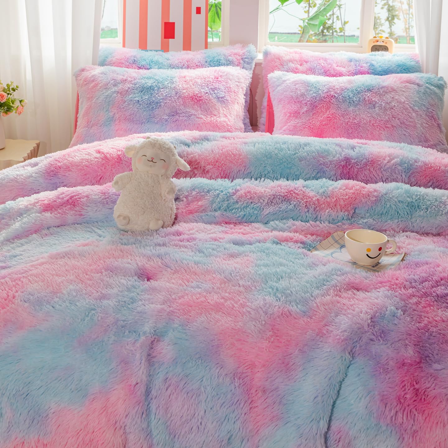 Roscloud Faux Fur Kids Girls Purple Rainbow Comforter Sets Twin/Full - 3PC Bed Set Warm Comfortable Soft Plush Flannel Velvet Fluffy Fuzzy Bedding（Comforter x 1 Pillowcases x 2）