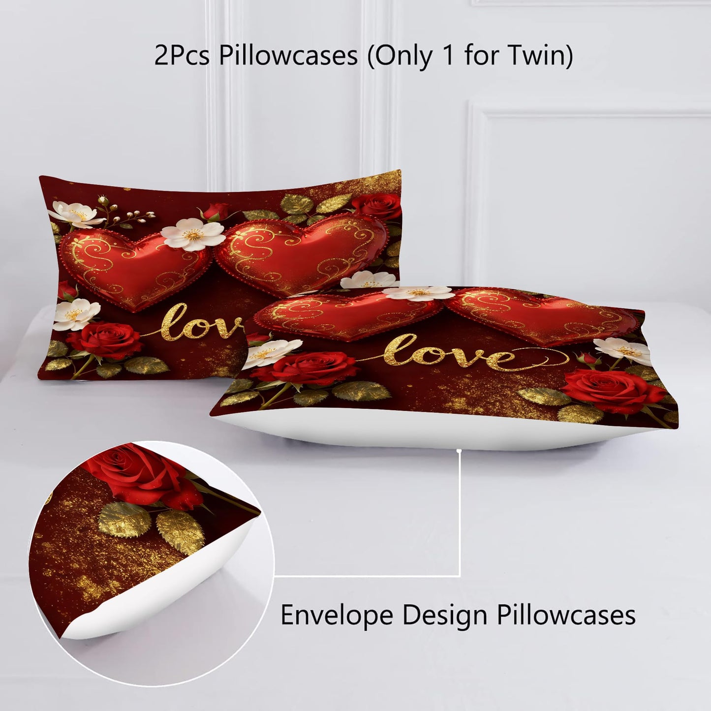 VTKON Love Heart Bedding Set Full Size 3 Piece Romantic Red Rose Comforter Set for Women Golden Glitter Love Bed Sets Valentine's Day Duvet with 1 Comforter 2 Pillow Cases