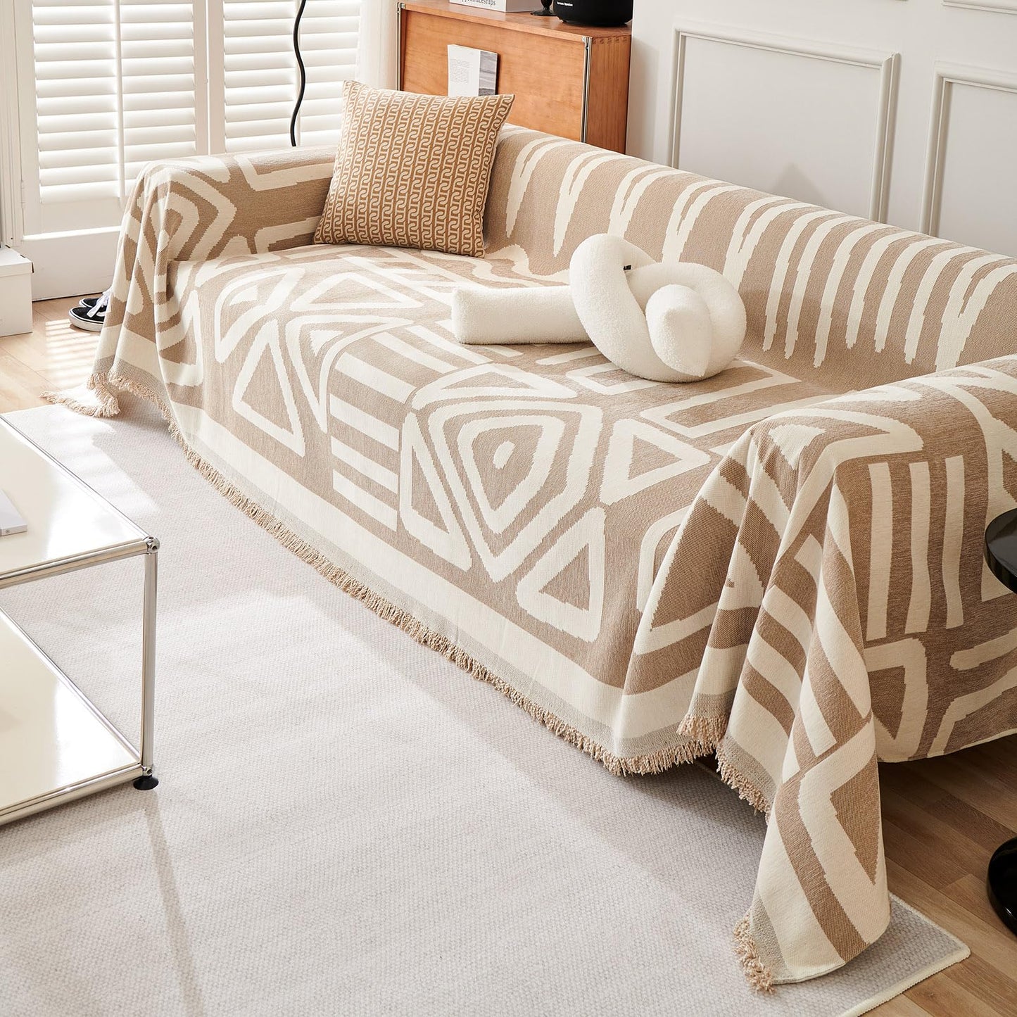 VClife Boho Couch Cover, Washable Sofa Cover for Dog, Non Slip Couch Covers for 2 Cushion Couch, Modern Khaki Creamy White Geometric Sofa Slipcovers Multi-Functional Furniture Protector 71'' x 118''