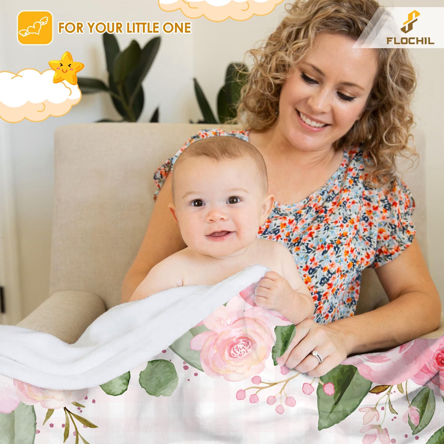 FLOCHIL Personalized Baby Blanket for Girls, Custom Baby Blanket with Name, Customized Floral Baby Blanket, Gift for Baby Shower, Toddler, Babies, Newborn
