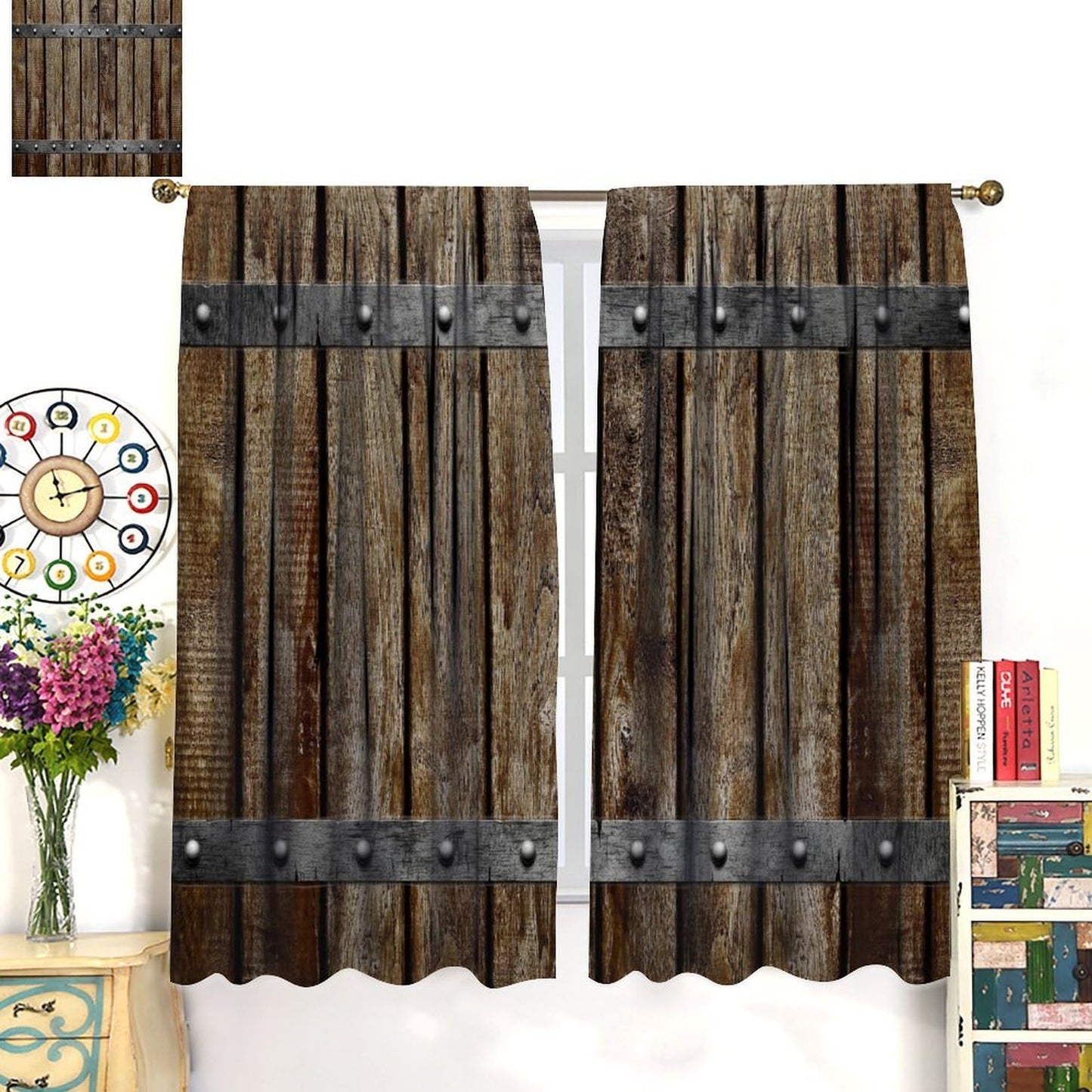 Nanacur Vintage Wooden Door Curtains, Barn Farmhouse Wooden Country Cabin Rod Pocket Window Treatment for Bedroom Living Room Kitchen Drapes 41" W X 45" L (No Blackout)