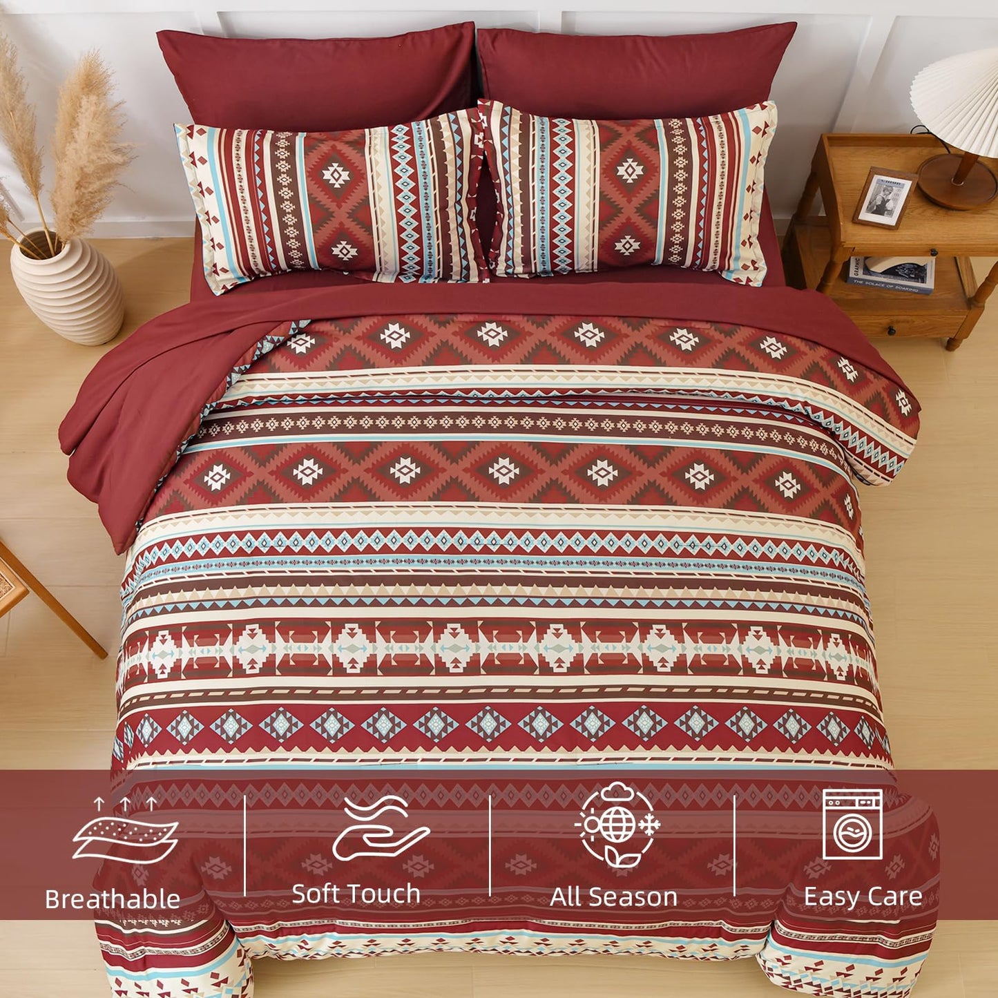 Dinjoy Red Boho Comforter Set Queen,7 Piece Bed in a Bag Queen Size Soft Aztec Bedding Sets with Sheets Bohemian Striped Bed Set Western Burgundy for Fall Winter 90"x90"