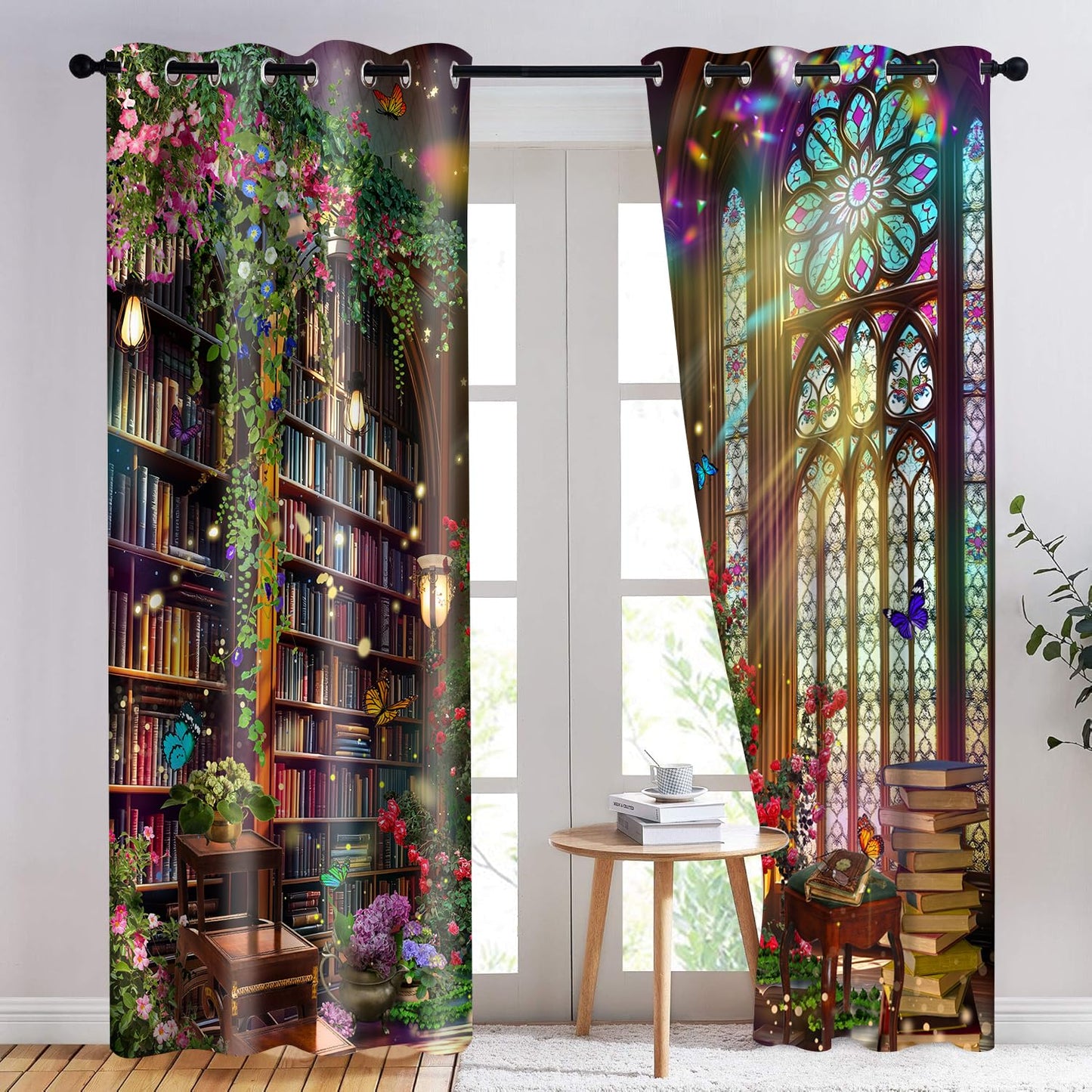 HIYSMT Fantasy Library Blackout Curtains,Magic Book Bookshelf Butterfly Print Curtain,5284inch Medieval Stained Glass Fairy Tale Floral Drapes for Bedroom Living Room 2Panel HI046YL