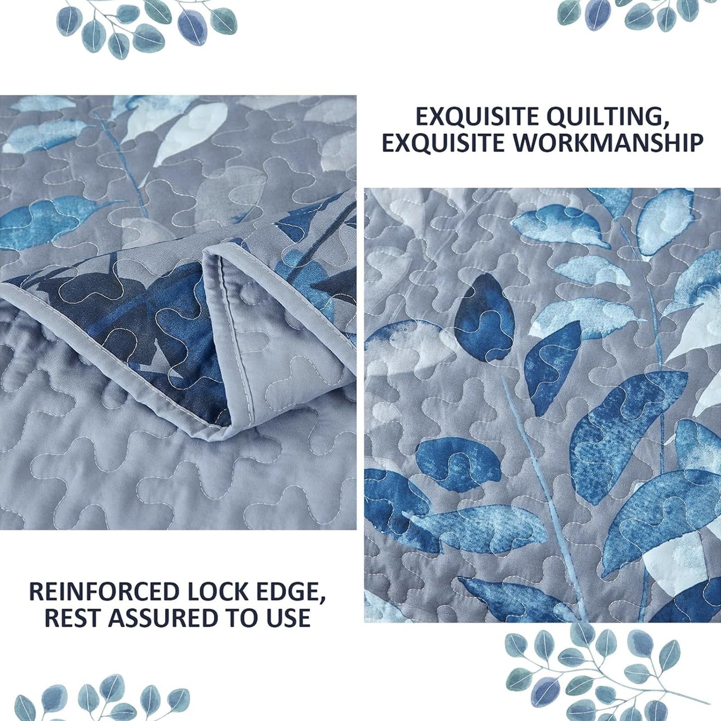 WONGS BEDDING Blue Quilt Set Queen Size,3 Pieces Navy Blue Floral Bedspread Coverlet Set,Soft Microfiber Lightweight Grayish Blue Gradient Floral Bedding Set Queen 96"x90"