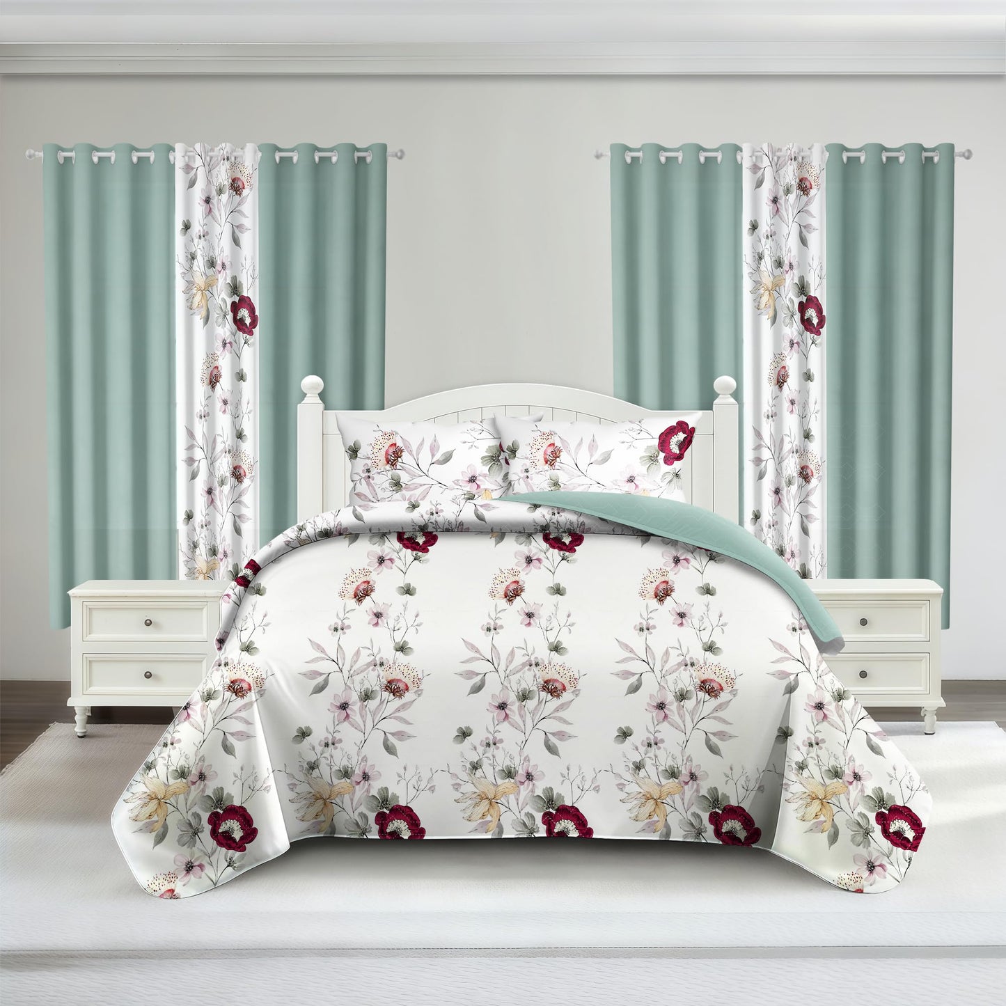 Deepsleep King Bedspread Set 9 Pieces, All Season Luxury Bed in a Bag for Bedroom, with 2 Pillowcases and 6 Curtains, Ultra-Soft Microfiber for Complete Bedroom Decor, Green Flowers