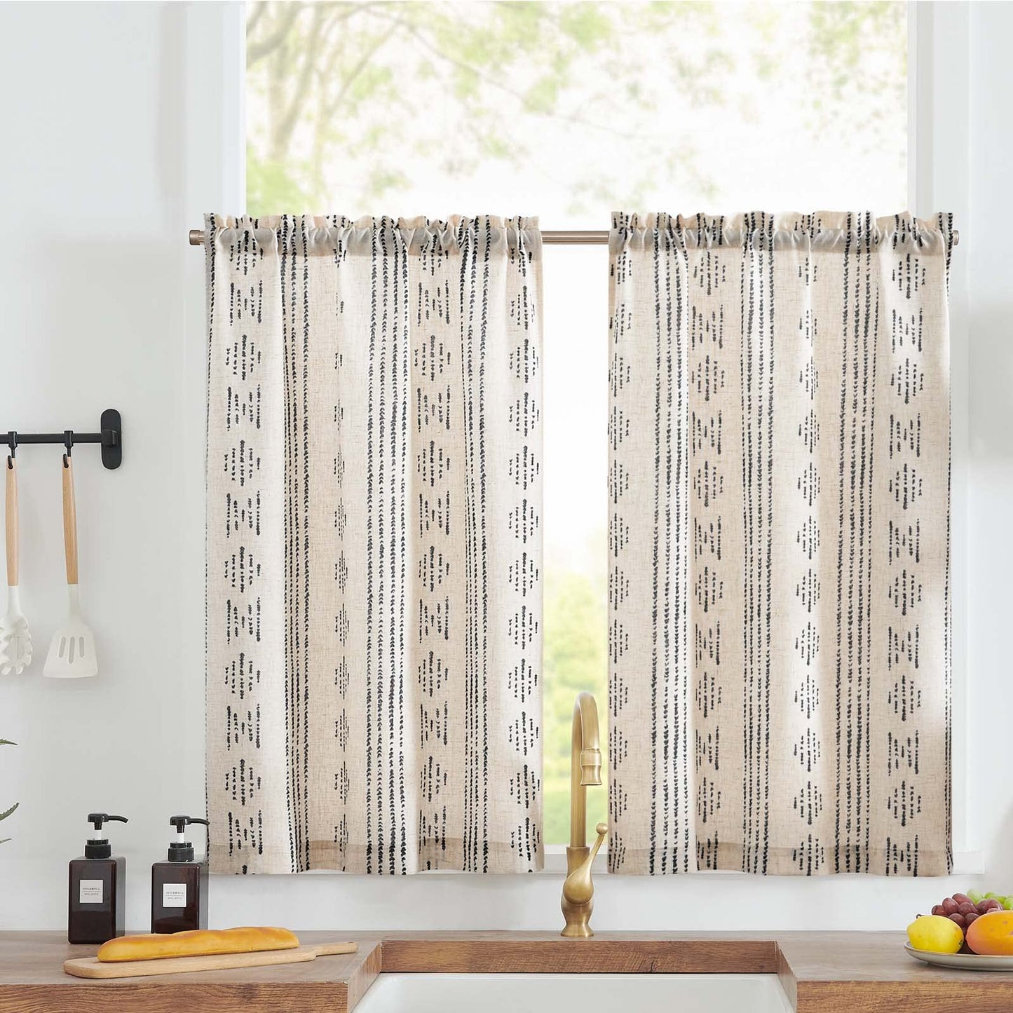 jinchan Boho Kitchen Curtains Linen Tier Curtains 36 Inches Bohemian Cafe Small Drapes Striped Mudcloth Farmhouse for Bathroom RV Camper Light Filtering Rod Pocket 2 Panels Black on Beige