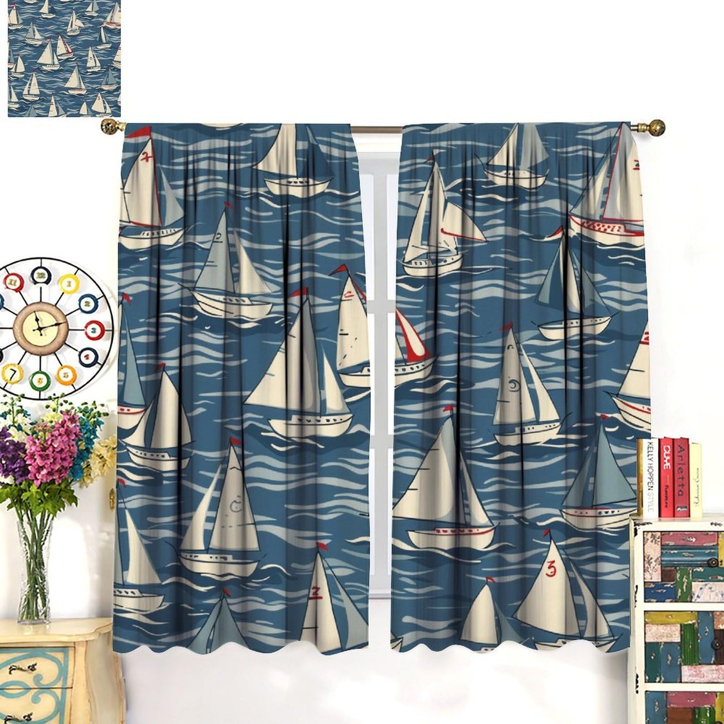 TOWINSFB Cartoon Sailboat Blackout Curtains for Living Room Bedroom, Ocean Wave Ship Nautical Illustration Window Curtains Rod Pocket Thermal Insulated Window Drapes, 2 Panels, Each 21" W x 45" L