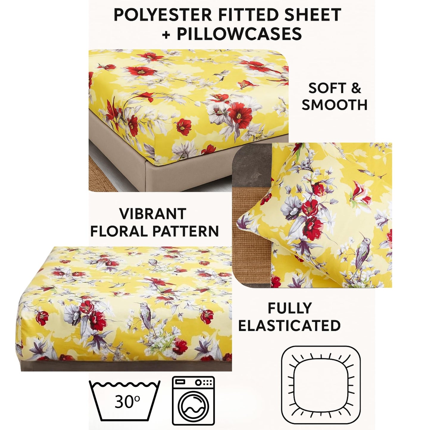 DaDa Bedding Radiant Sunshine Birds Floral Yellow Fitted Sheet - Spring Time Hummingbirds Bright Vibrant Multi-Colorful Red Flowers w/Pillow Cases Set - Full Size - 3-Pieces