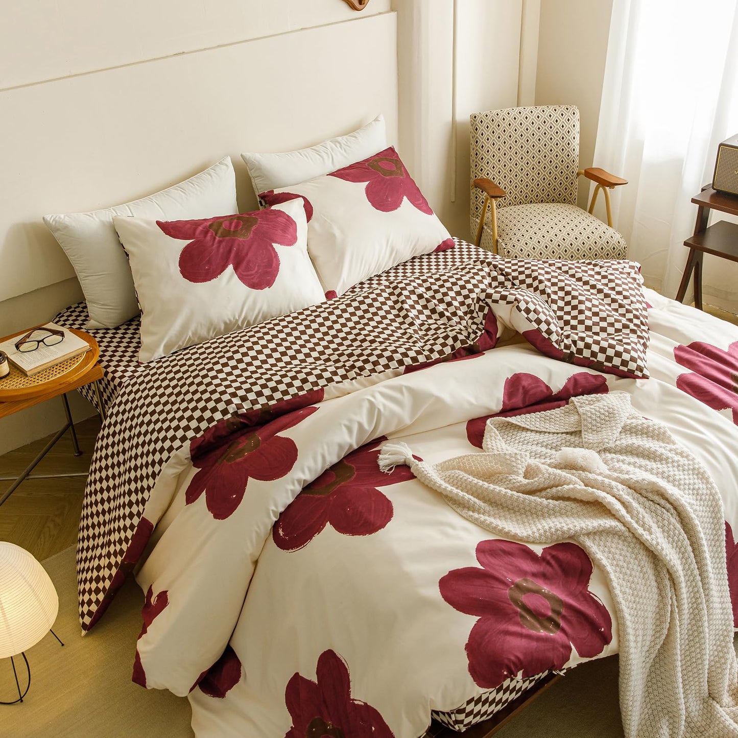 CLOTHKNOW Burgundy Sunflower Queen Comforter Set Floral Bedding Comforter Sets Brown Plaid Queen Comforter Soft All Season