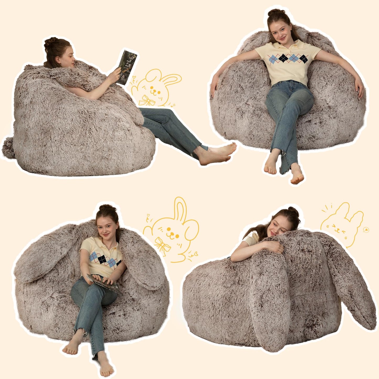 Achicsofar Bean Bag Chair for Adults Teens Giant Fluffy Plush Bean Bag Sofa with Filler Faux Fur Rabbit Shaped Beanbag Chairs Comfy Accent Floor Couch for Gaming, Reading in Bedroom, Living Room, Dorm